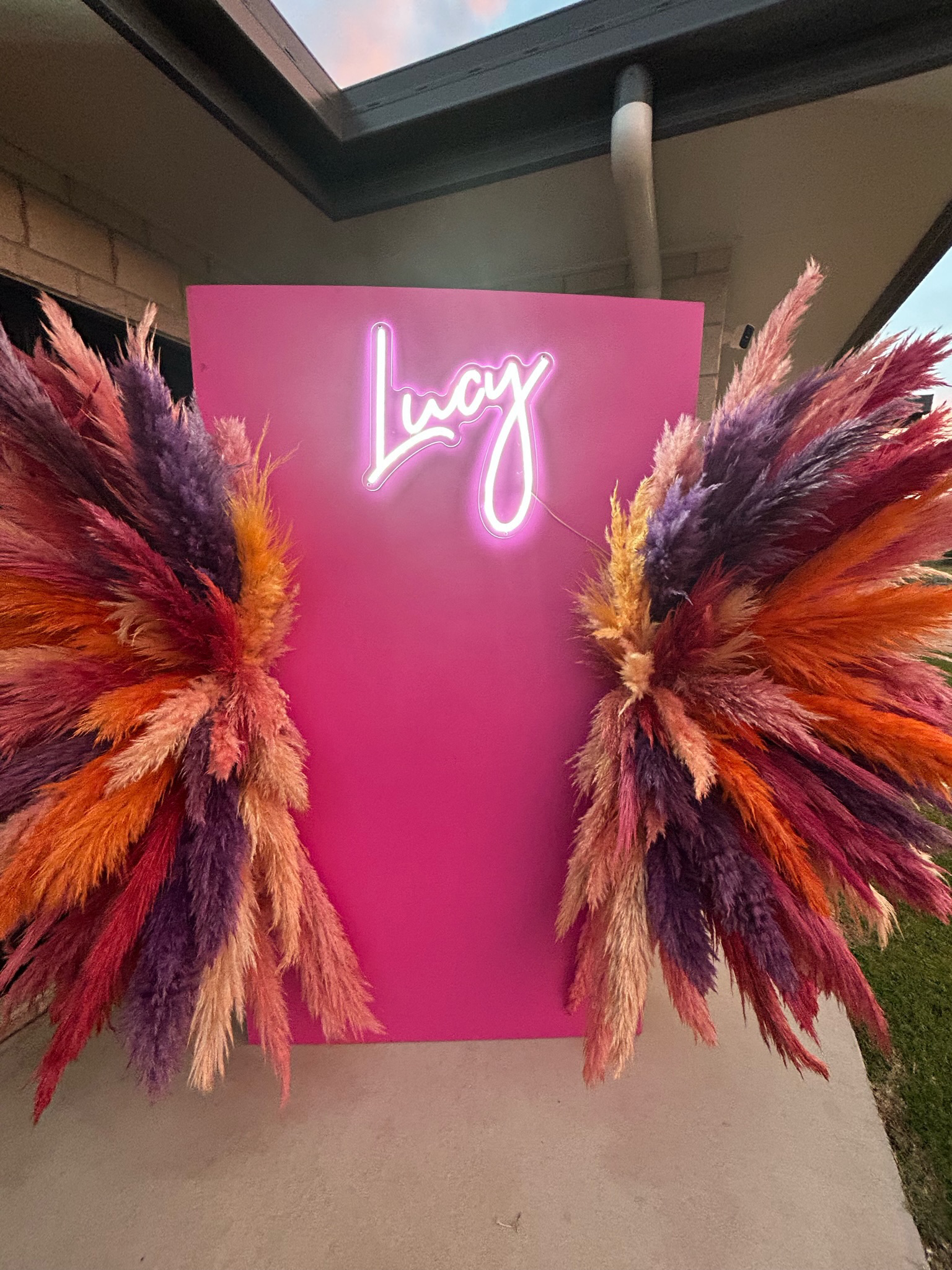 Pink display board with neon sign reading 'Lucy' and large colorful feathered wings on either side, situated outdoors near a building.