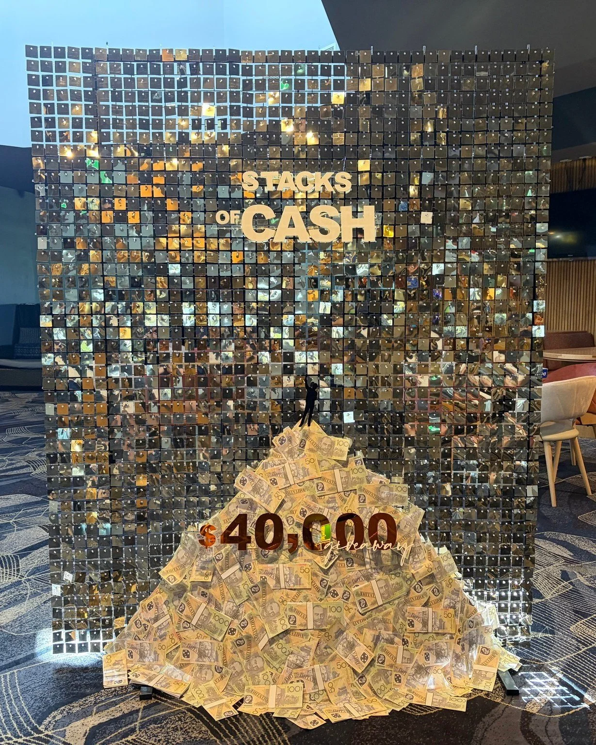STACKS OF CASH!

Get into @southsmackay to win, They have a whopping $40k Giveaway!!

We created the Display with our Gold Shimmer, personalised signage and a hugeeee stack of cash!