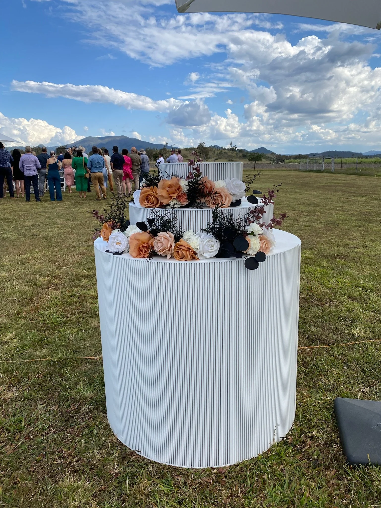 A tiered white wedding cake decorated with peach, white, and black flowers, placed outdoors on grass during a wedding ceremony with guests in the background and mountains under a partly cloudy sky.