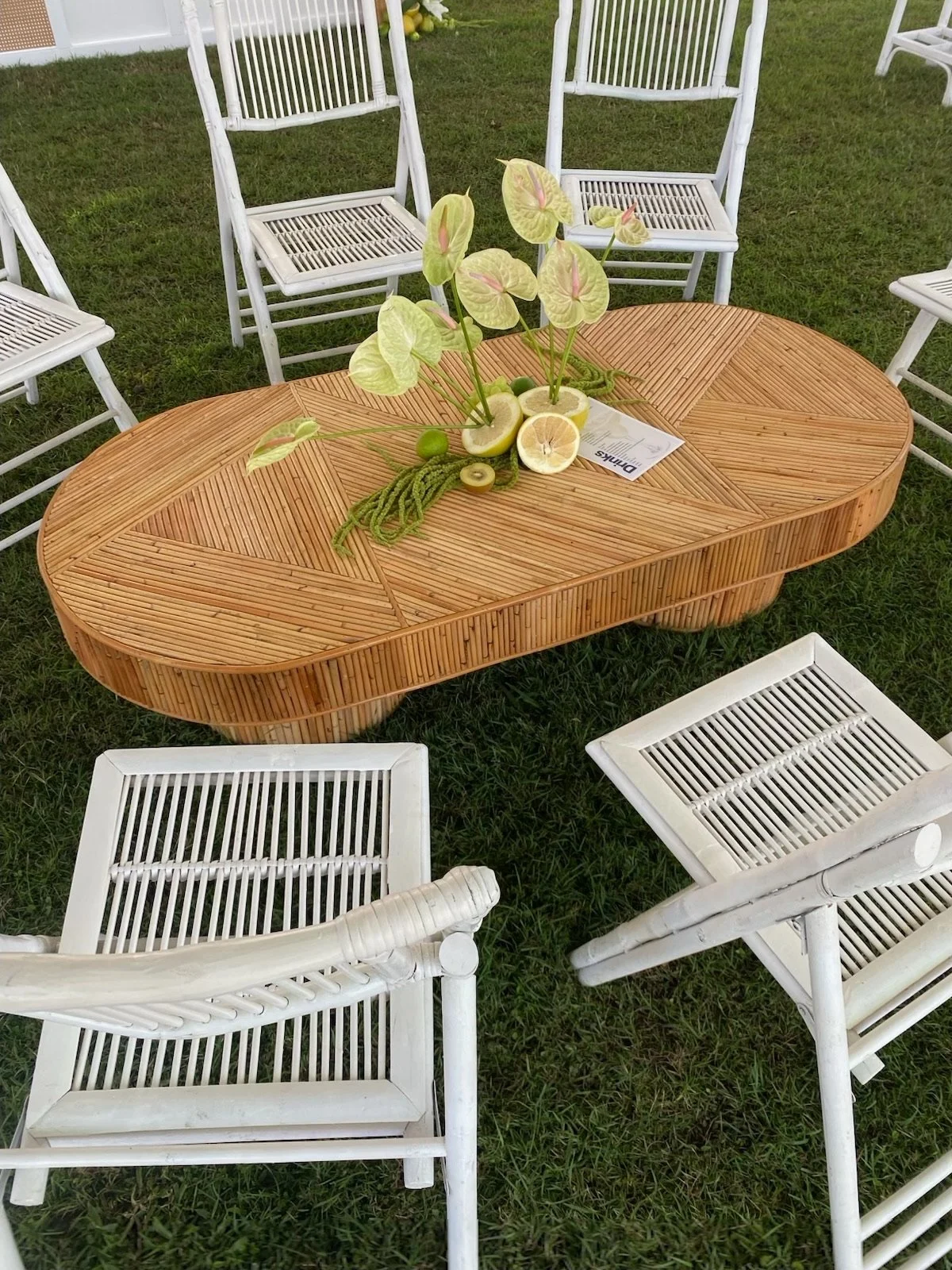 A wooden oval table with a floral centerpiece made of green leaves, sliced lemons, and green fruit, surrounded by white wooden chairs on grass.