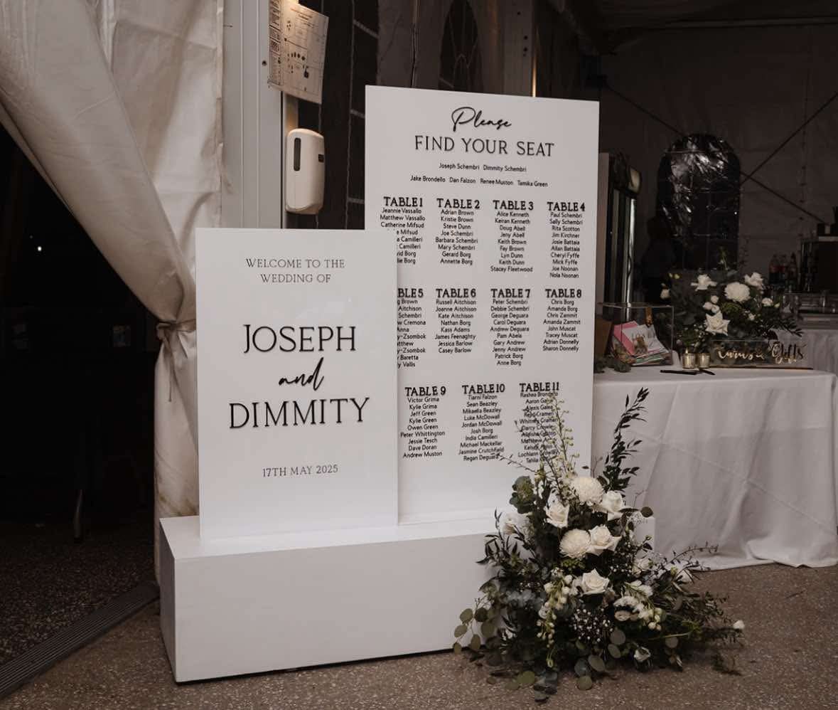 Wedding sign with guest seating chart and floral arrangement at wedding reception, sign reads "Welcome to the wedding of Joseph and Dimmity, 17th May 2025".