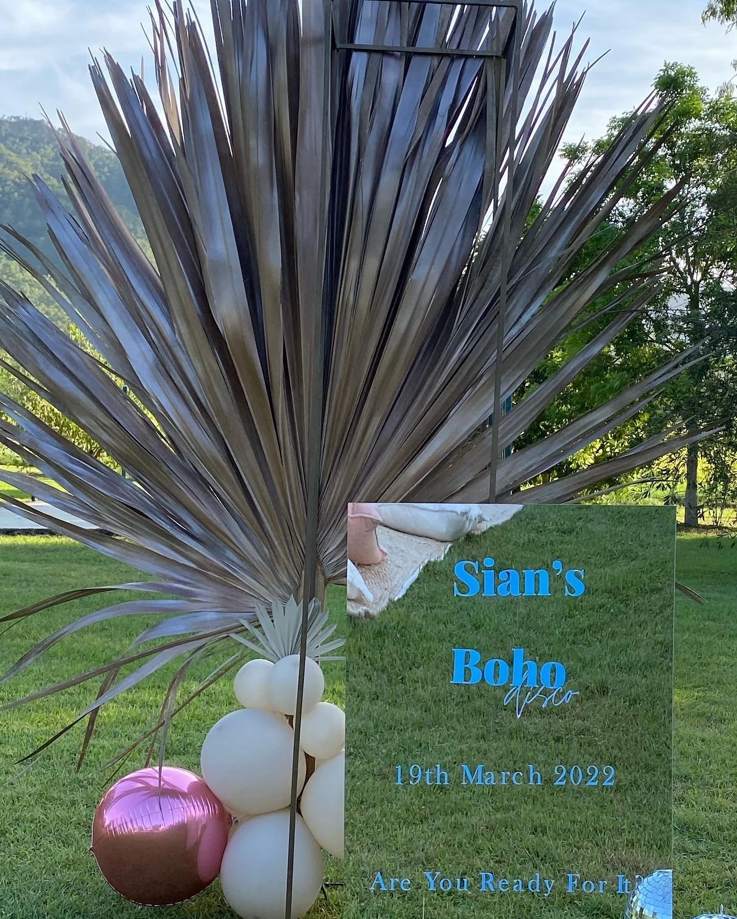 A decorative sign with blue text reading "Sian's Boho Party" and the date "19th March 2022" on a clear stand, set outdoors on a grassy area. There are balloons, including a large pink one, and a bunch of cream-colored balloons attached to a large, dr