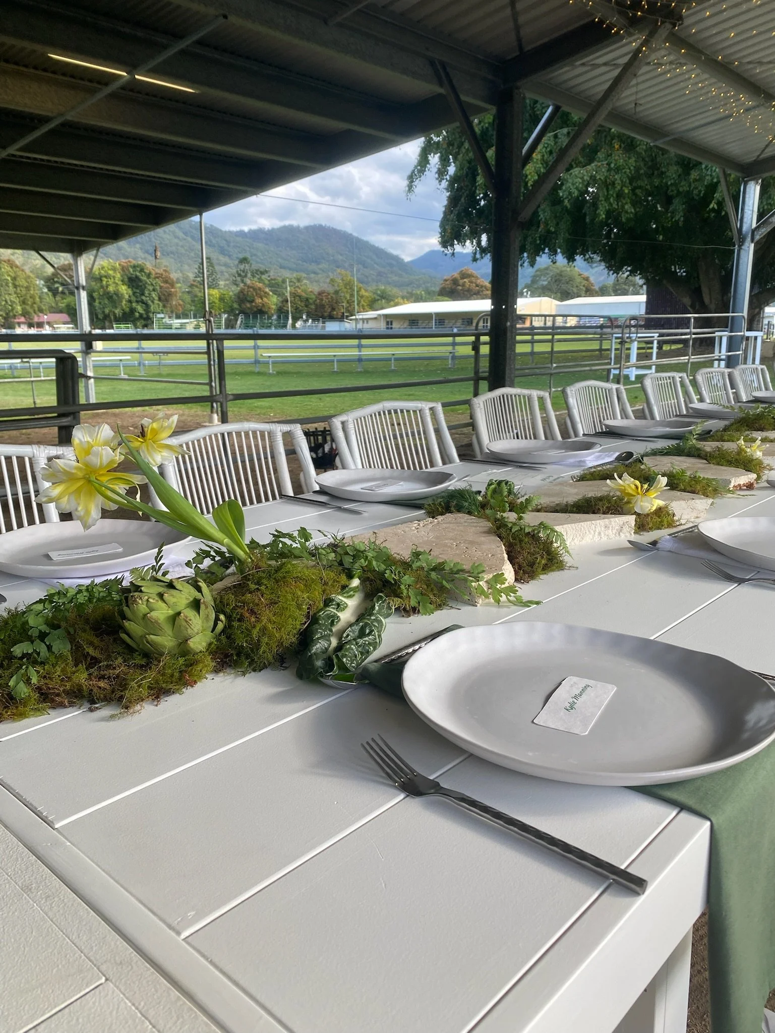 Elegant outdoor dining setup on a long white table with a green centerpiece of flowers and greenery, under a covered pavilion with mountain views in the background.