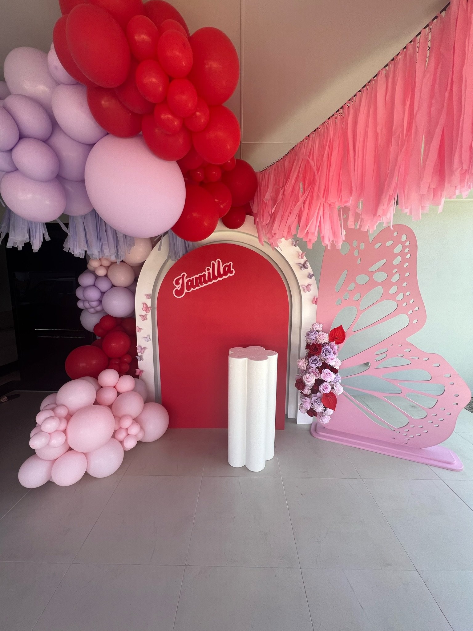 Decorative backdrop for a celebration featuring pink and red balloons, pink tissue paper fringe, a large pink butterfly cutout, a small arrangement of pink and purple roses, and a sign with the name 'Jamila'.