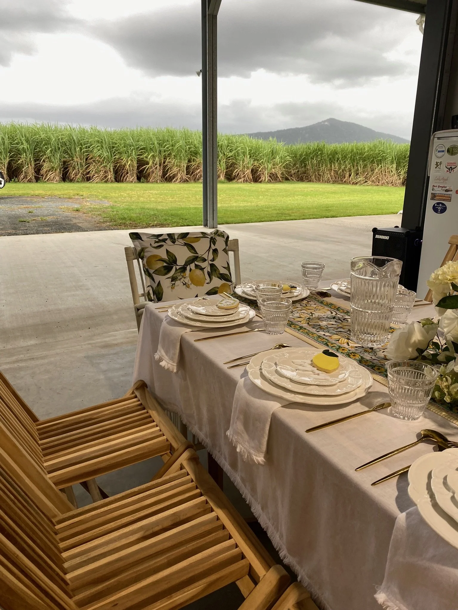 A dining table set outdoors with plates, glasses, and utensils, overlooking a grassy area and a sugarcane field with mountains in the background, under cloudy skies.