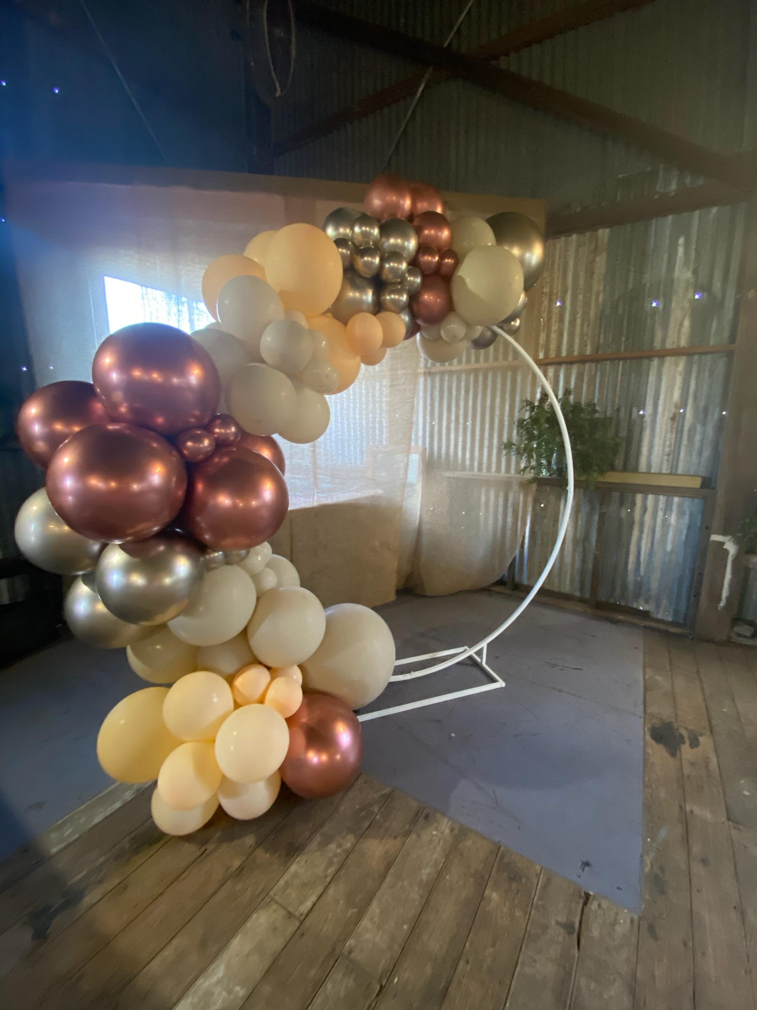 A large balloon arrangement with pink, silver, cream, and white balloons attached to a white circular metal frame, set indoors on a wooden floor with a rustic background.