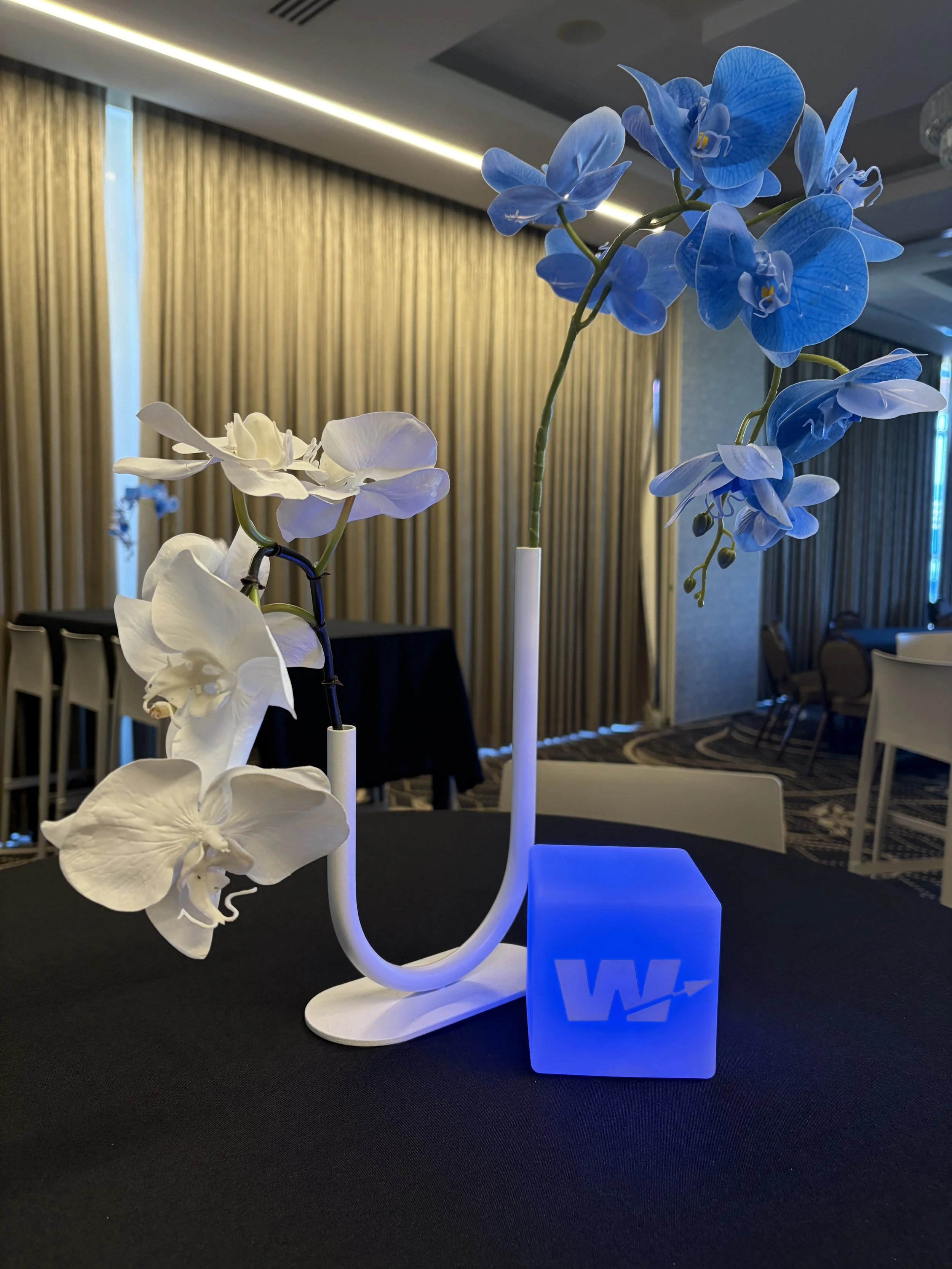 Orchid flowers on a white curved vase with a blue illuminated square base with a white logo, on a black table. Background shows beige curtains and a dimly lit room with chairs and tables.