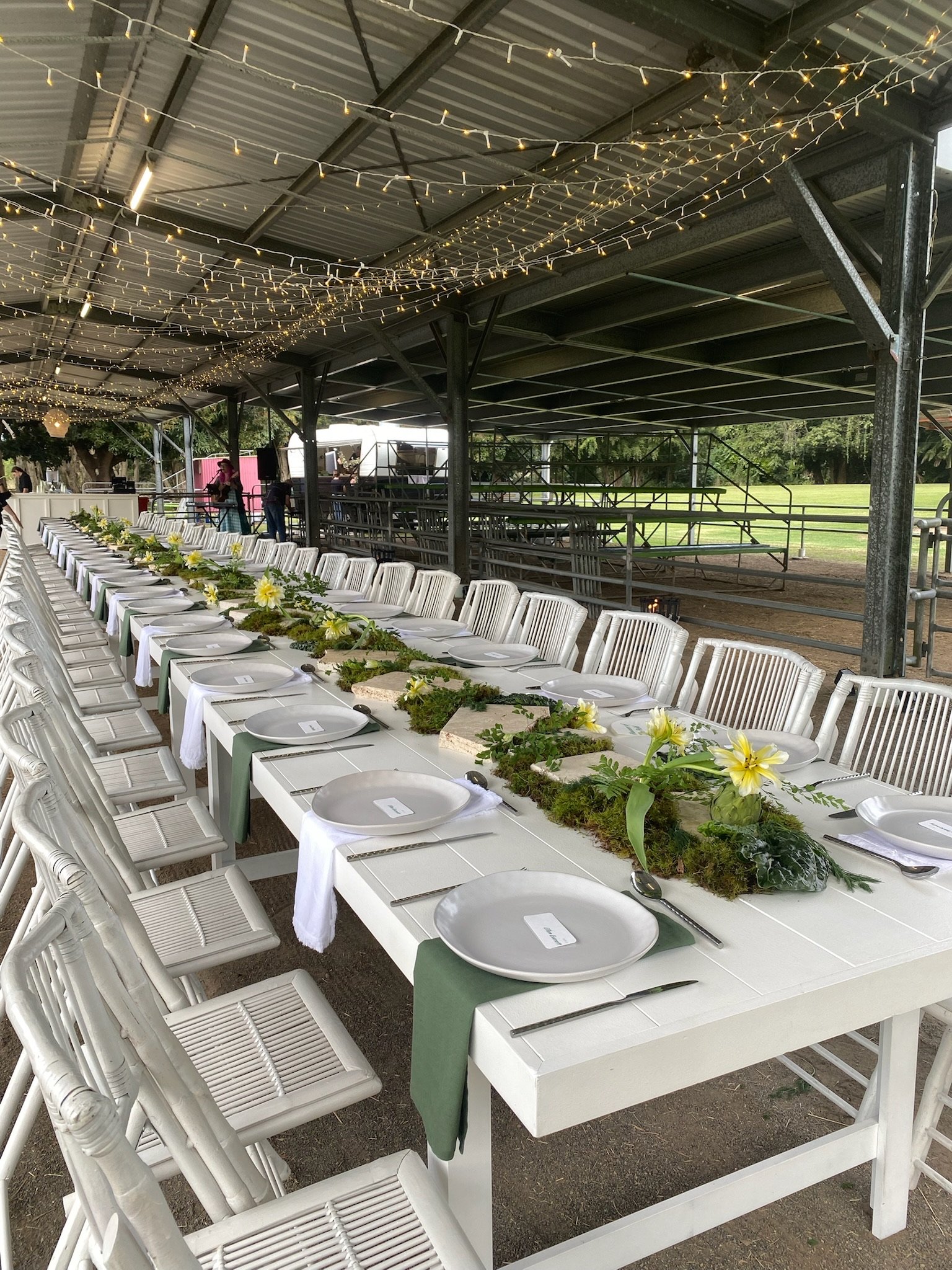 Long white banquet table set for an outdoor event, decorated with green foliage and yellow flowers as a centerpiece. The table is covered with white plates, napkins, and silverware, and surrounded by white chairs. Overhead, string lights are hung und