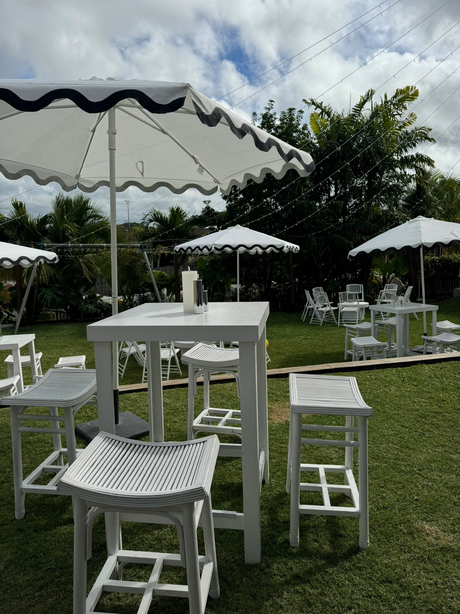 Outdoor seating area with white tables, chairs, and large umbrellas on green grass, surrounded by trees and cloudy sky.