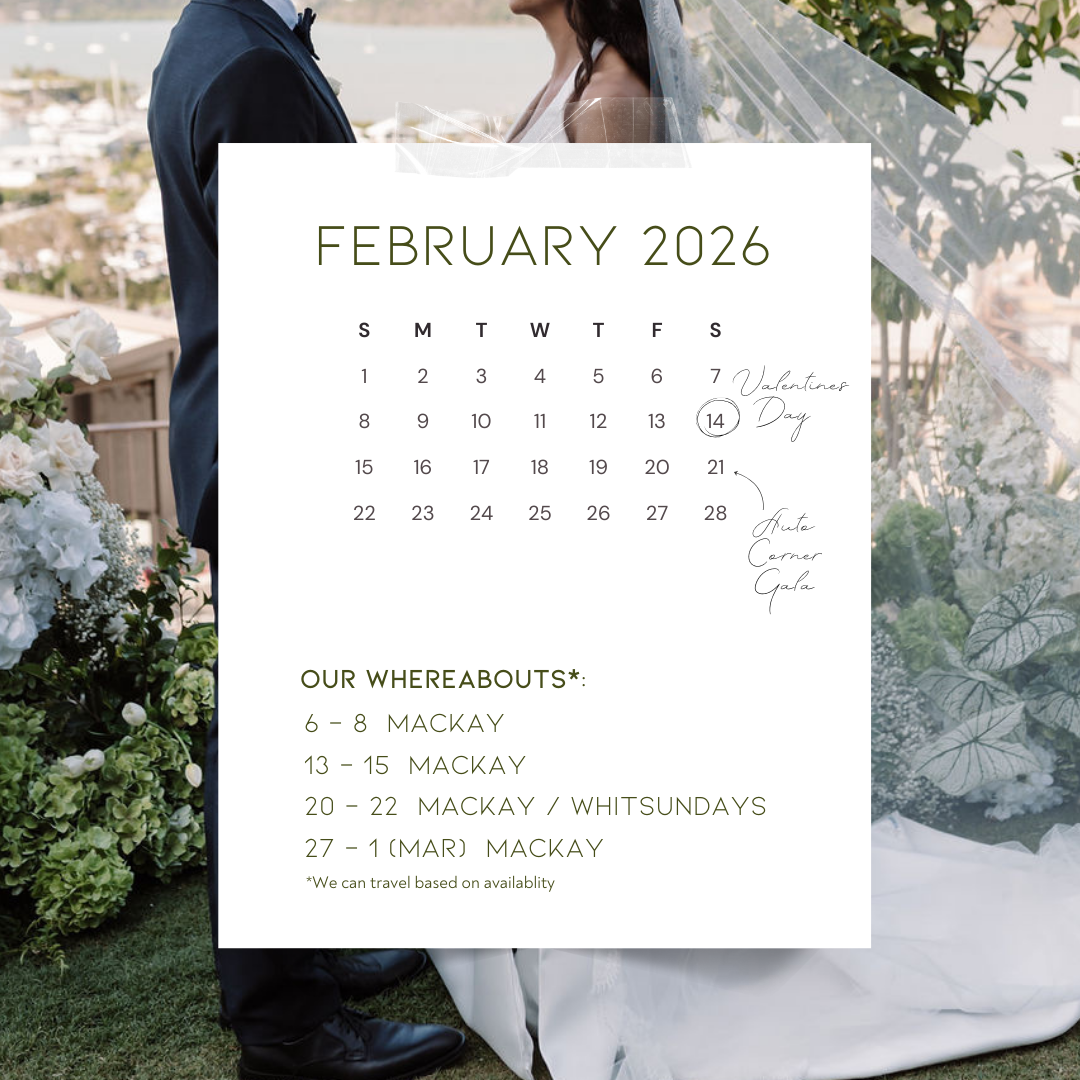 A wedding calendar for February 2026 overlaying a photo of a bride and groom during a wedding ceremony, with floral decorations in the background.