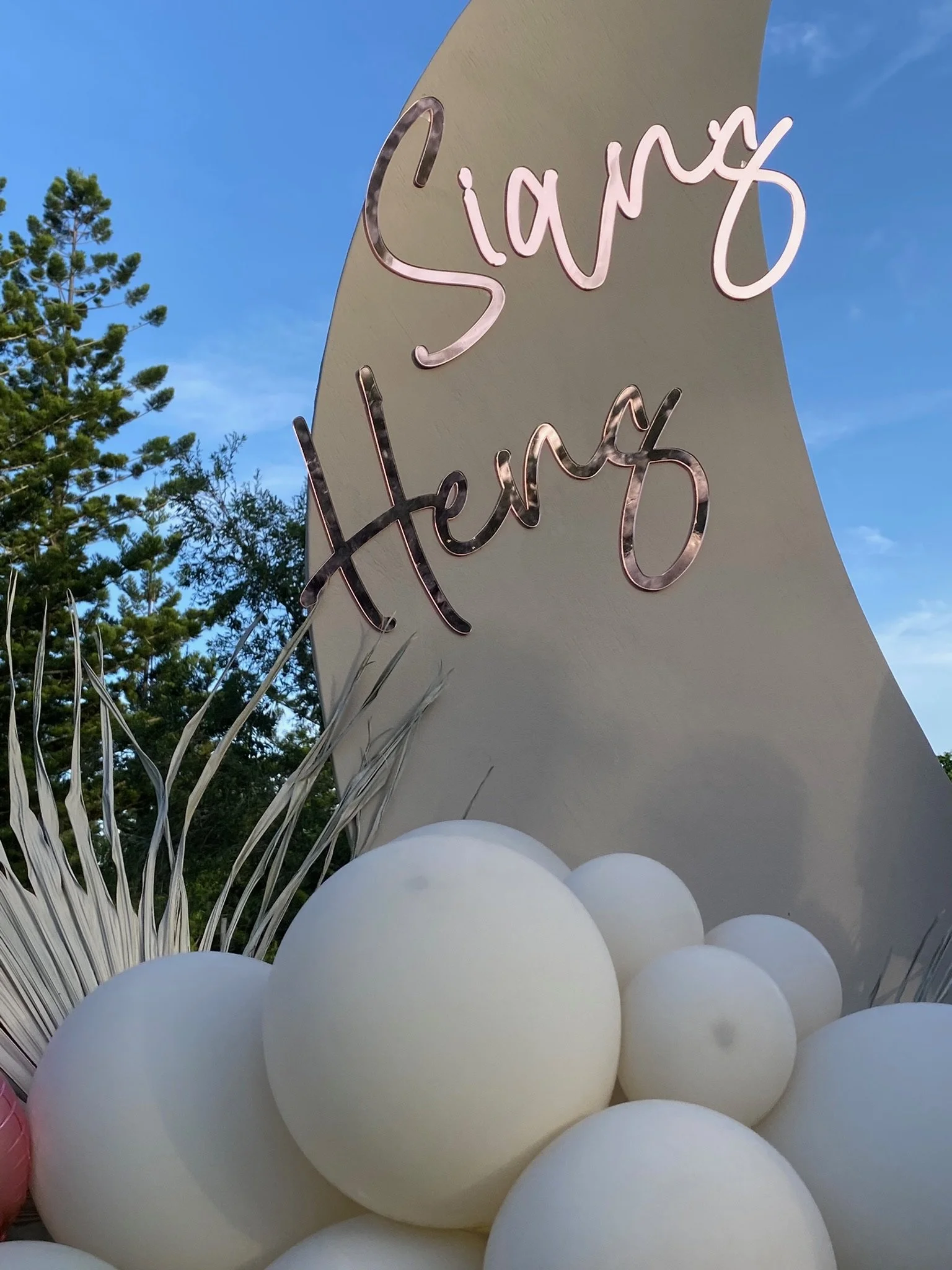 Decorative sign with the words 'Sian Henz' in cursive script, surrounded by white balloons and set against a blue sky with trees.