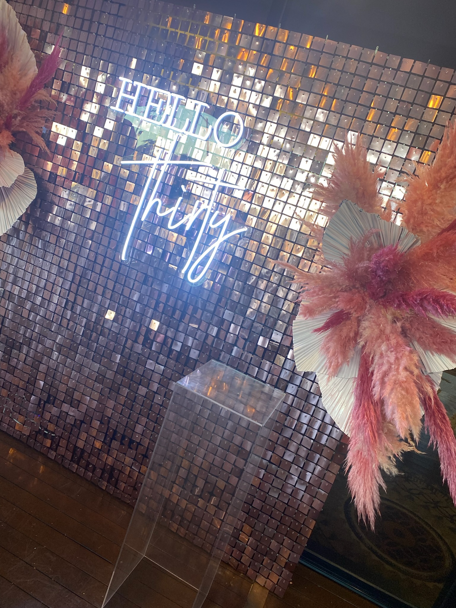 Decorative backdrop with a neon sign that reads 'hello tiny' and pink pampas grass arrangements.