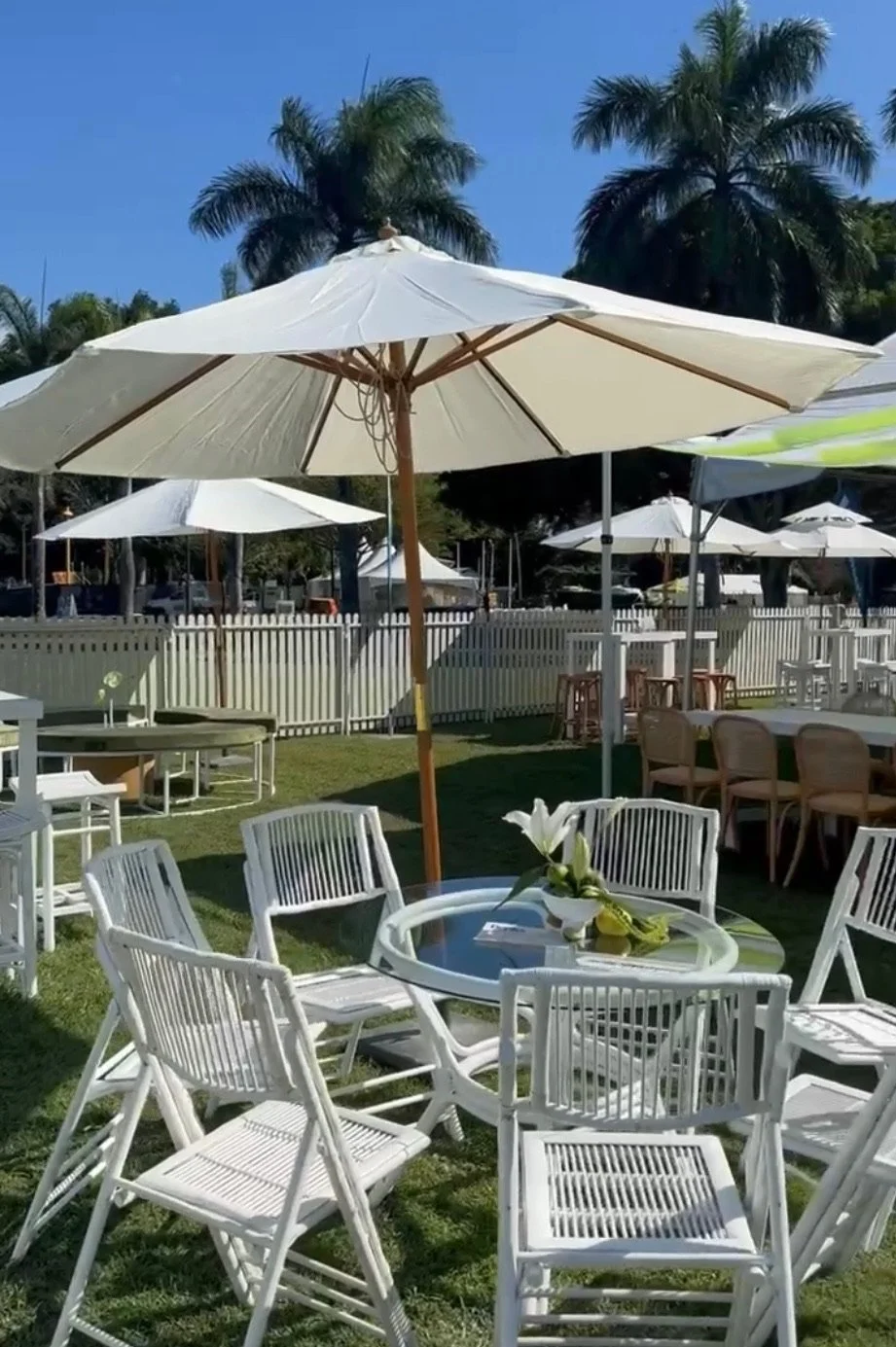 Outdoor patio area with white chairs, glass-top table with a flower centerpiece, and large white umbrellas on a sunny day, enclosed by a white picket fence, with palm trees in the background.