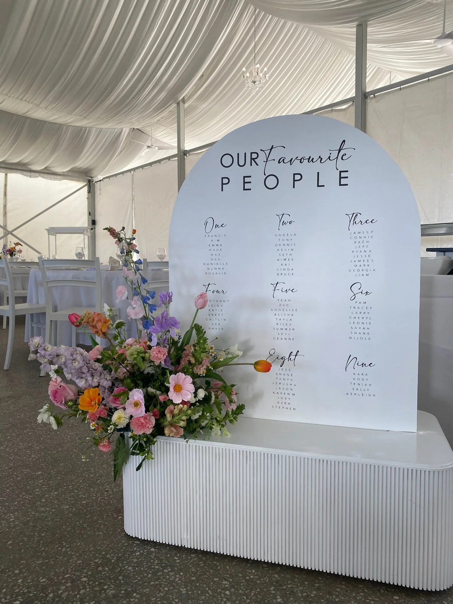A wedding seating chart with a white curved display board listing names of favorite people, and a colorful flower arrangement in a white vase in front.