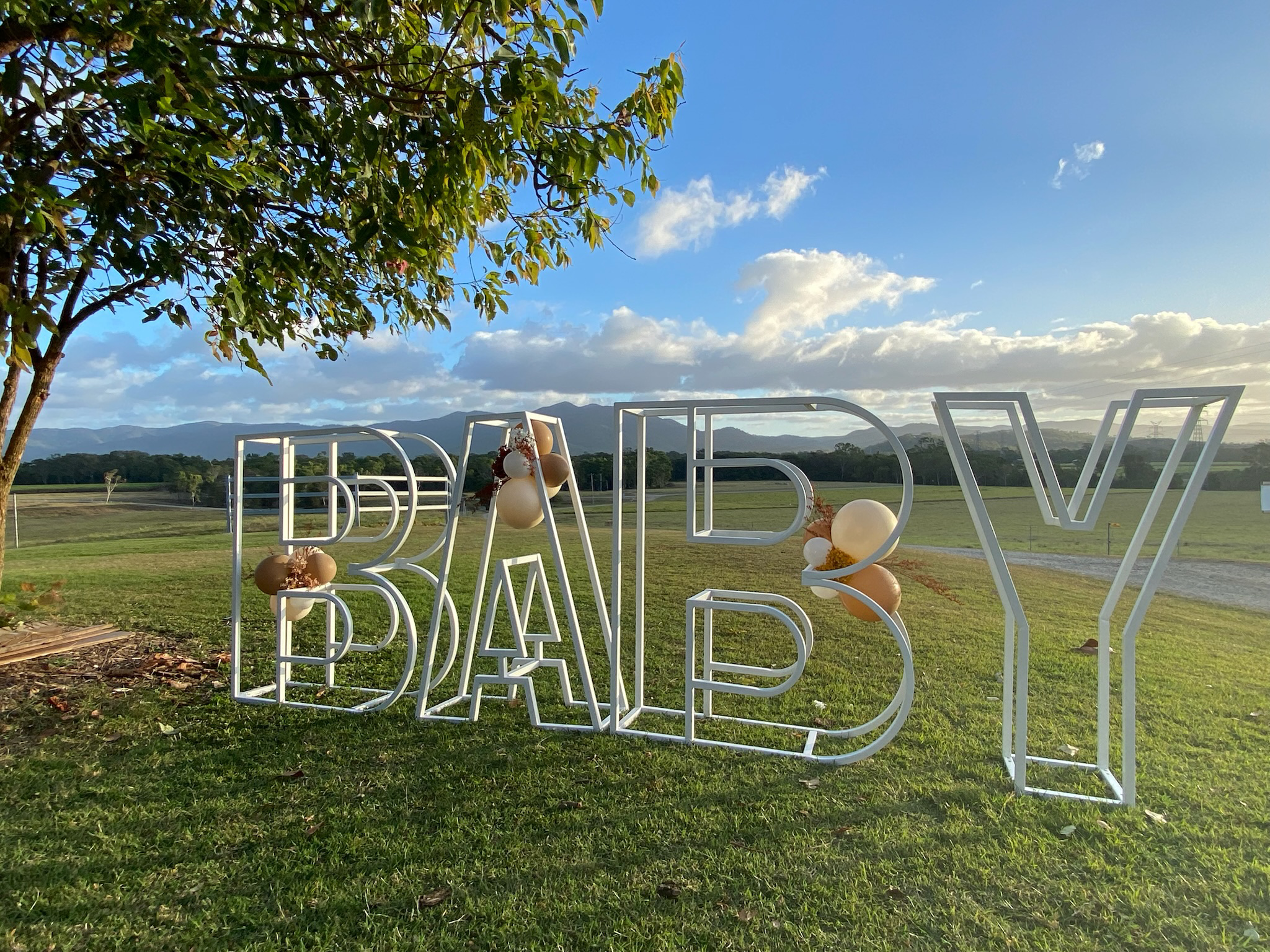 Large outdoor decor with the word 'BABY' in white metal frame letters decorated with balloons and flowers, set on a grassy field with a tree to the left, mountains in the background, and a partly cloudy sky.