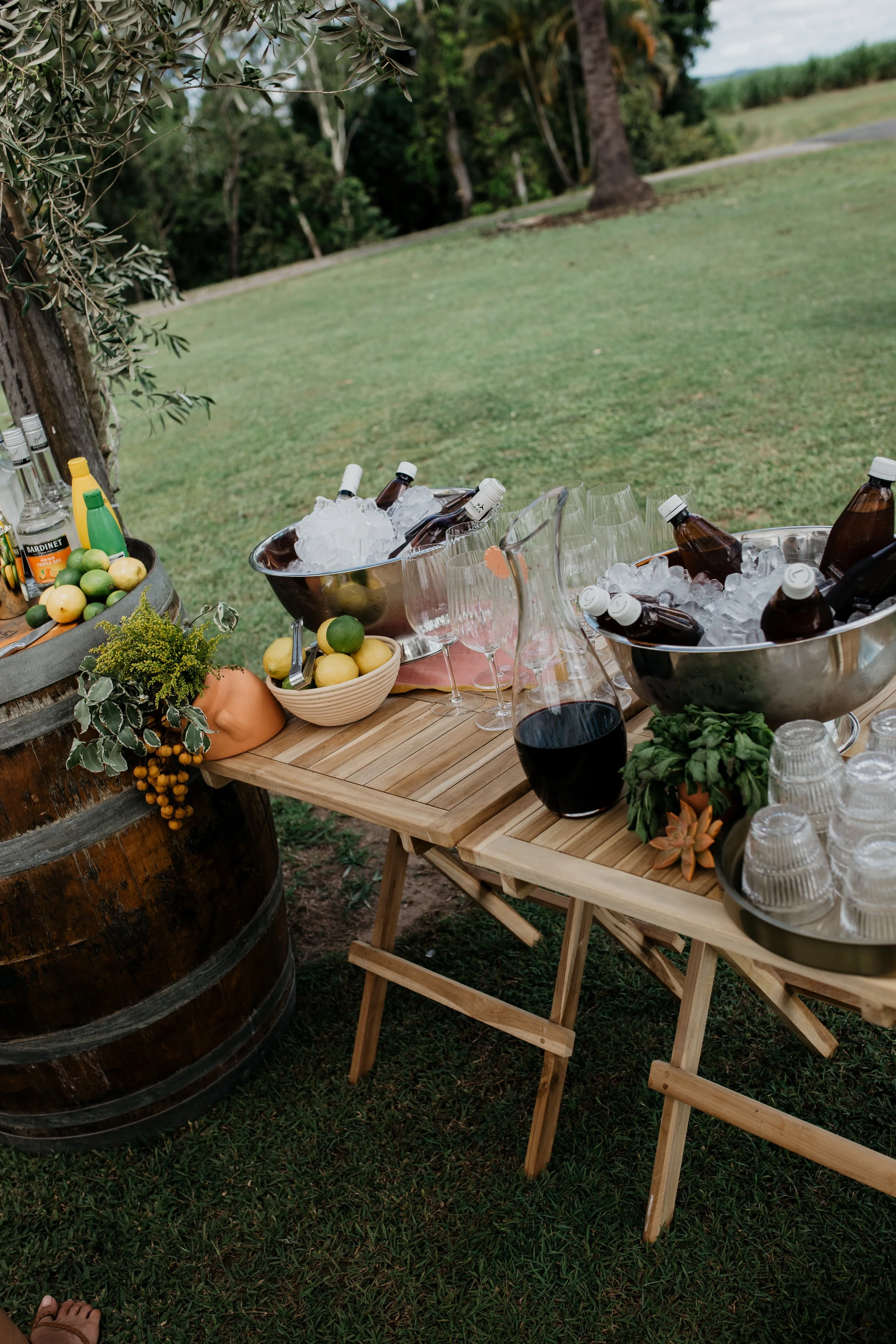 Outdoor setup with a wooden table and barrel, serving wine, beer bottles, glasses, bowls of lemons and limes, and various condiments, set on a grassy area with trees in the background.