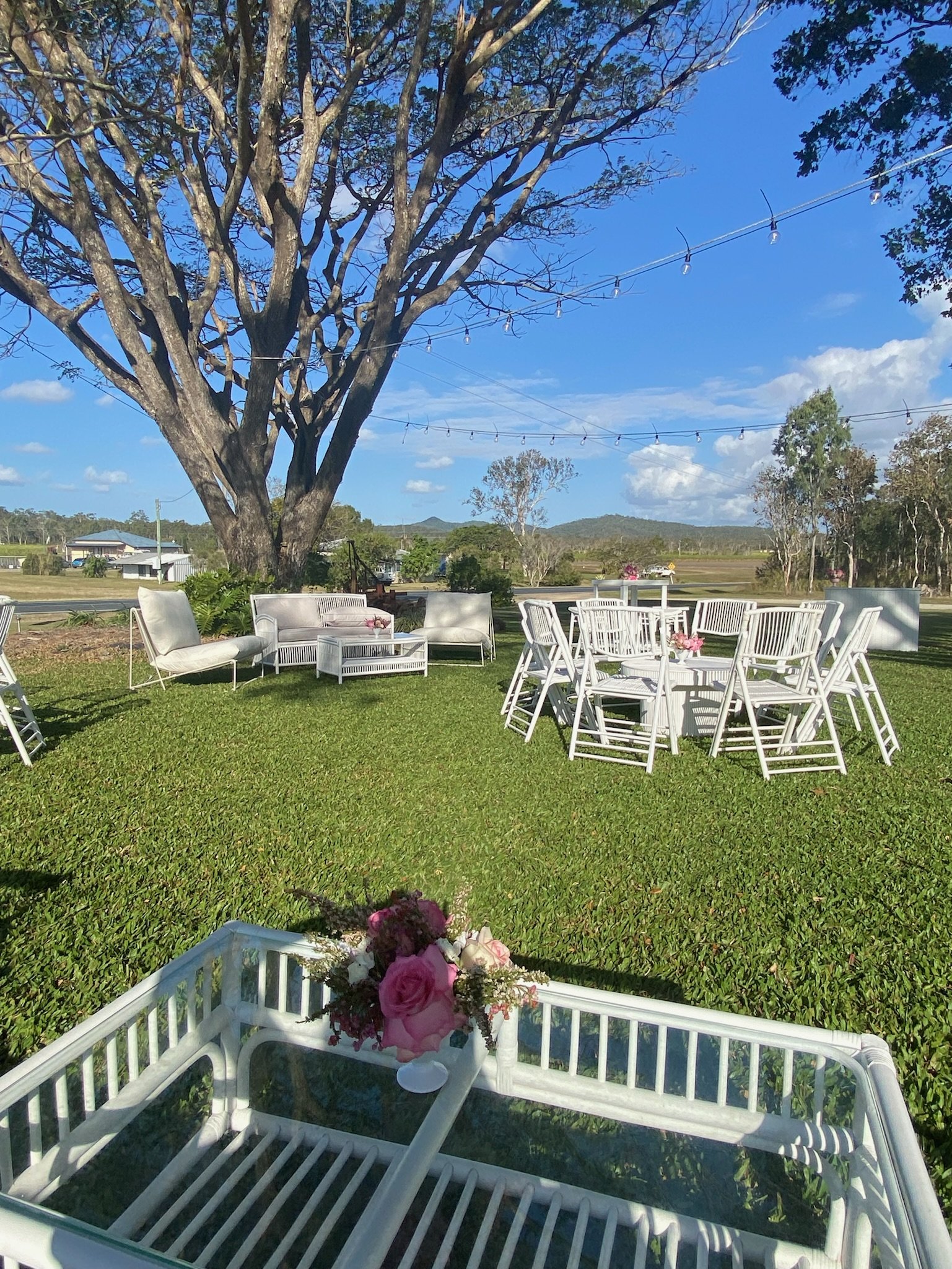 Outdoor setting with white furniture including chairs, sofas, and tables on green grass under a large tree with string lights, in a scenic rural area.