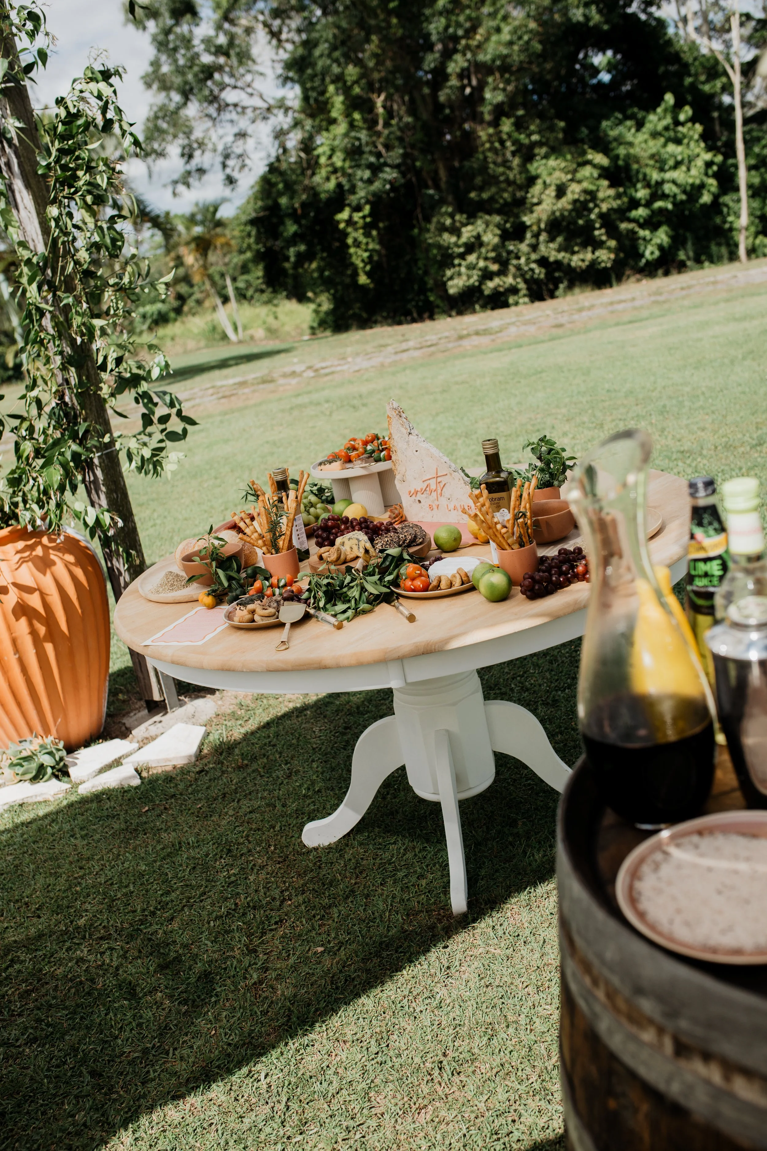An outdoor table set with cheese, grapes, fruit, crackers, and vegetables, surrounded by a lush green natural setting.