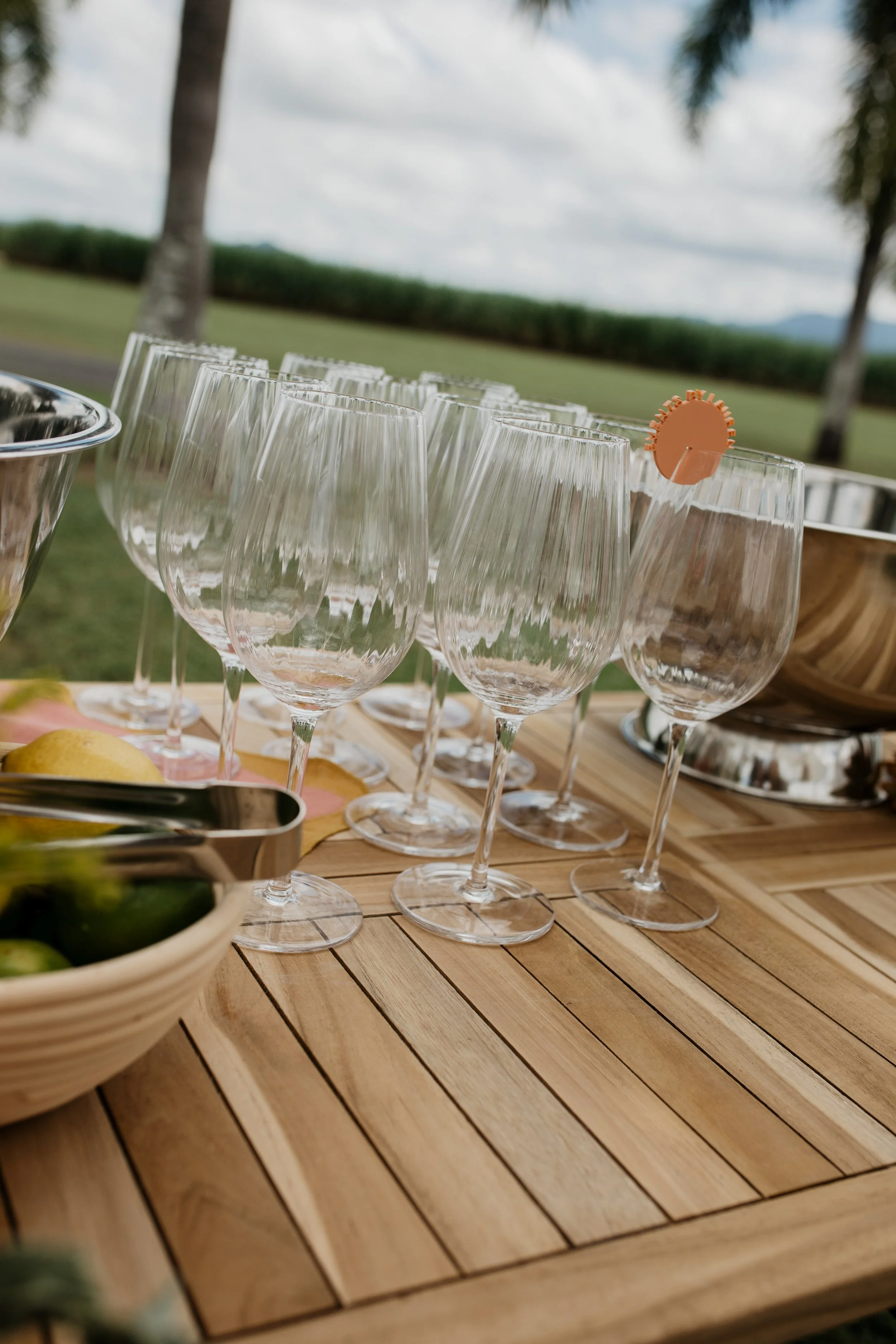 Empty champagne glasses on a wooden outdoor table with bowls of fruits and drinks in the background, set in a scenic area with trees and cloudy sky.