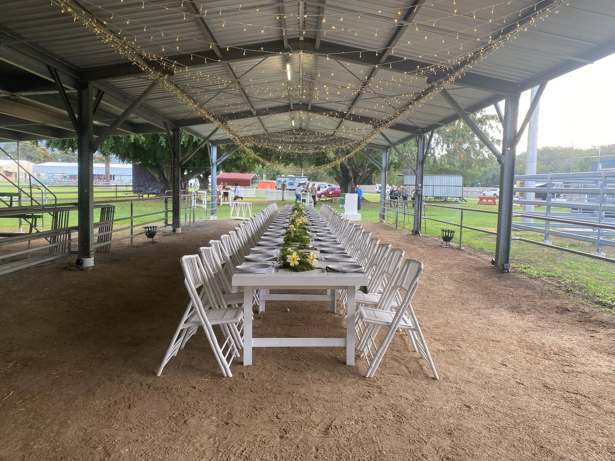 Long white-draped banquet table with white chairs set up under a metal shelter decorated with string lights, outside on a dirt surface with a grassy field and trees in the background.