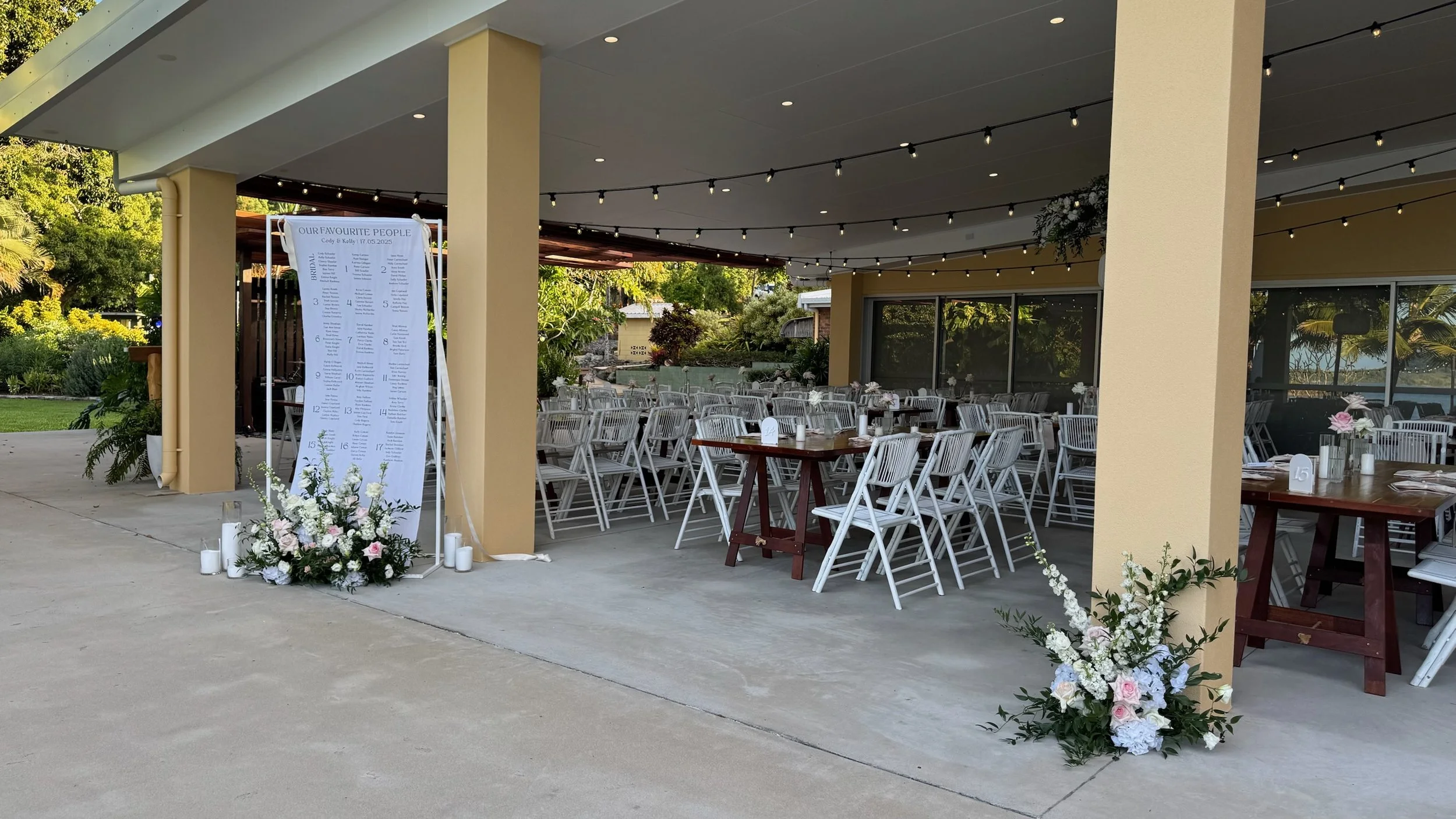 Outdoor event space with decorated tables, white chairs, floral arrangements, and a first look seating chart stand.