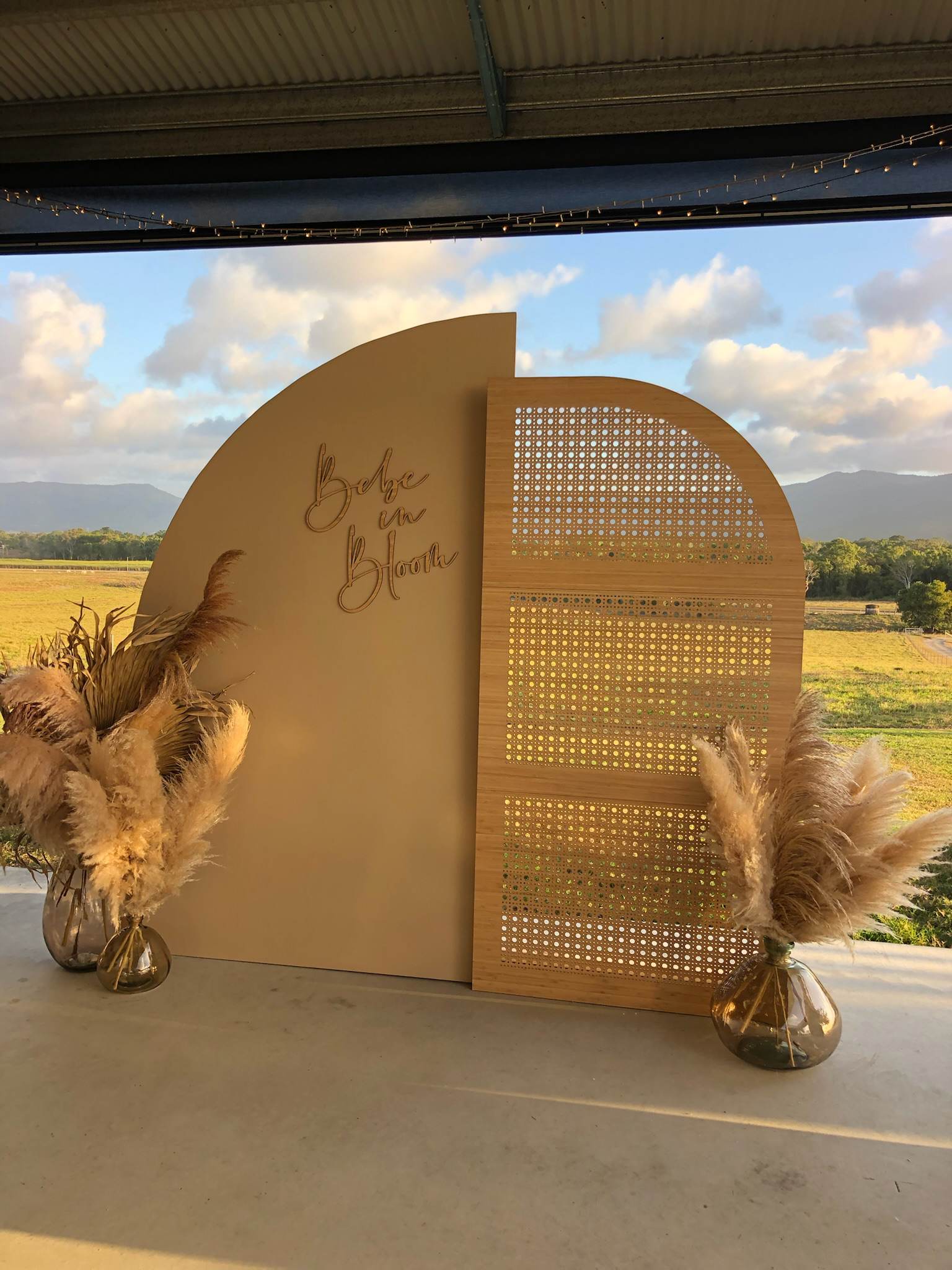 Decorative backdrop with a half-circle and a lattice panel, with the text 'Before & After' written on it, flanked by vases with pampas grass, set against an outdoor landscape with mountains and sky.