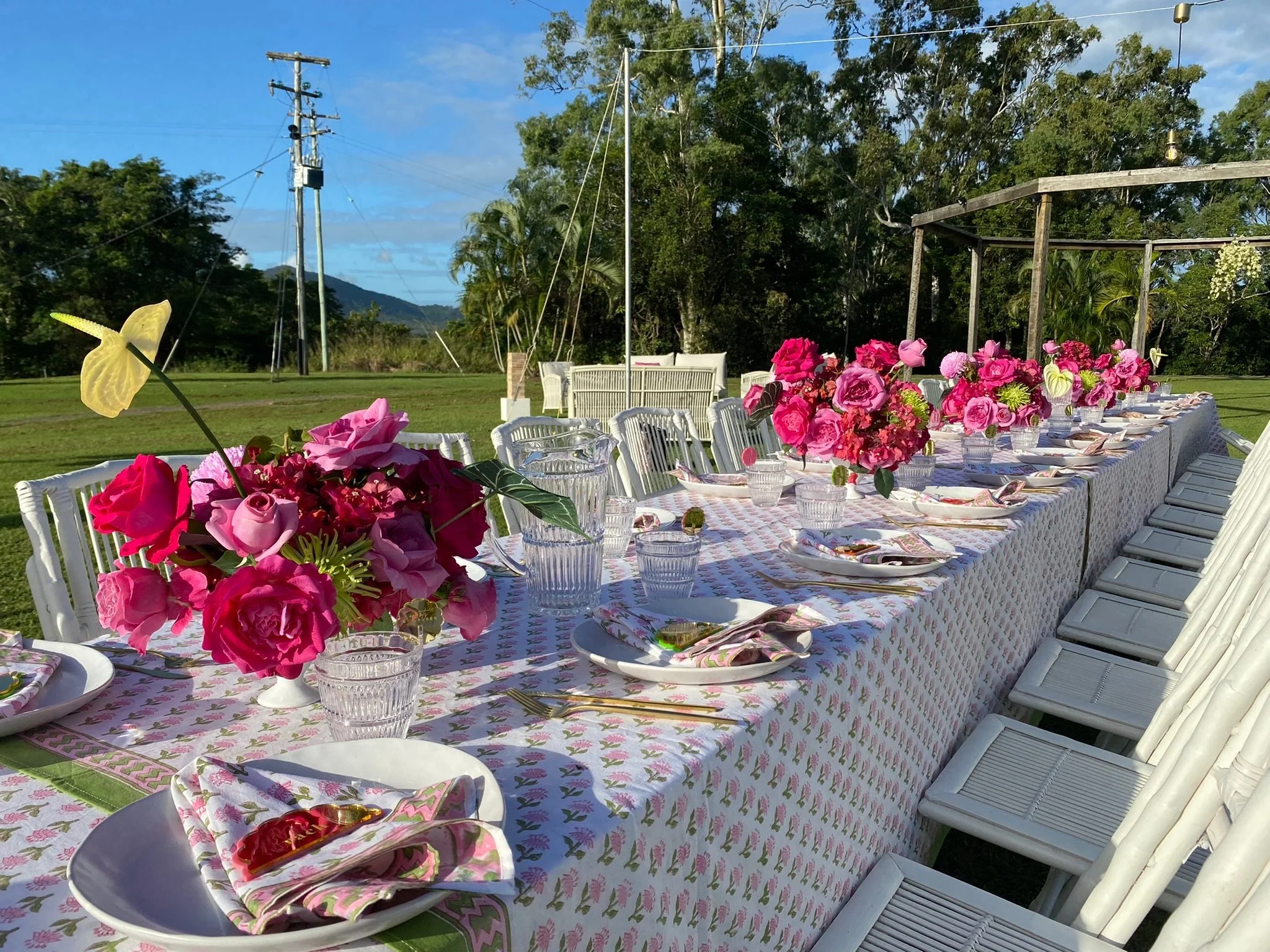 Long outdoor table set with pink floral centerpieces, plates, napkins, and glasses, on a grassy area with trees and mountains in the background