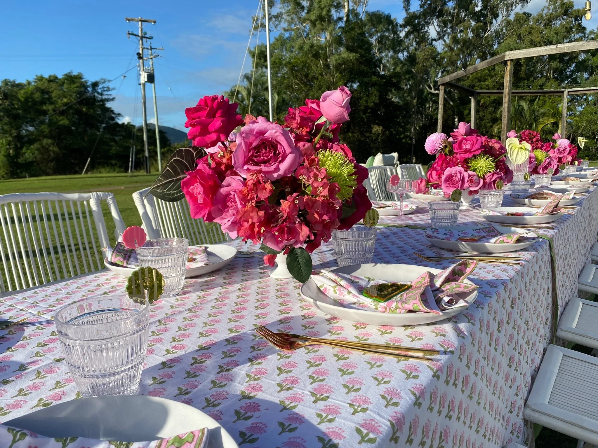 Long outdoor table set for a celebration with pink floral arrangements, glassware, plates, gold utensils, and patterned napkins, surrounded by white chairs on a grassy area with trees and power lines in the background.
