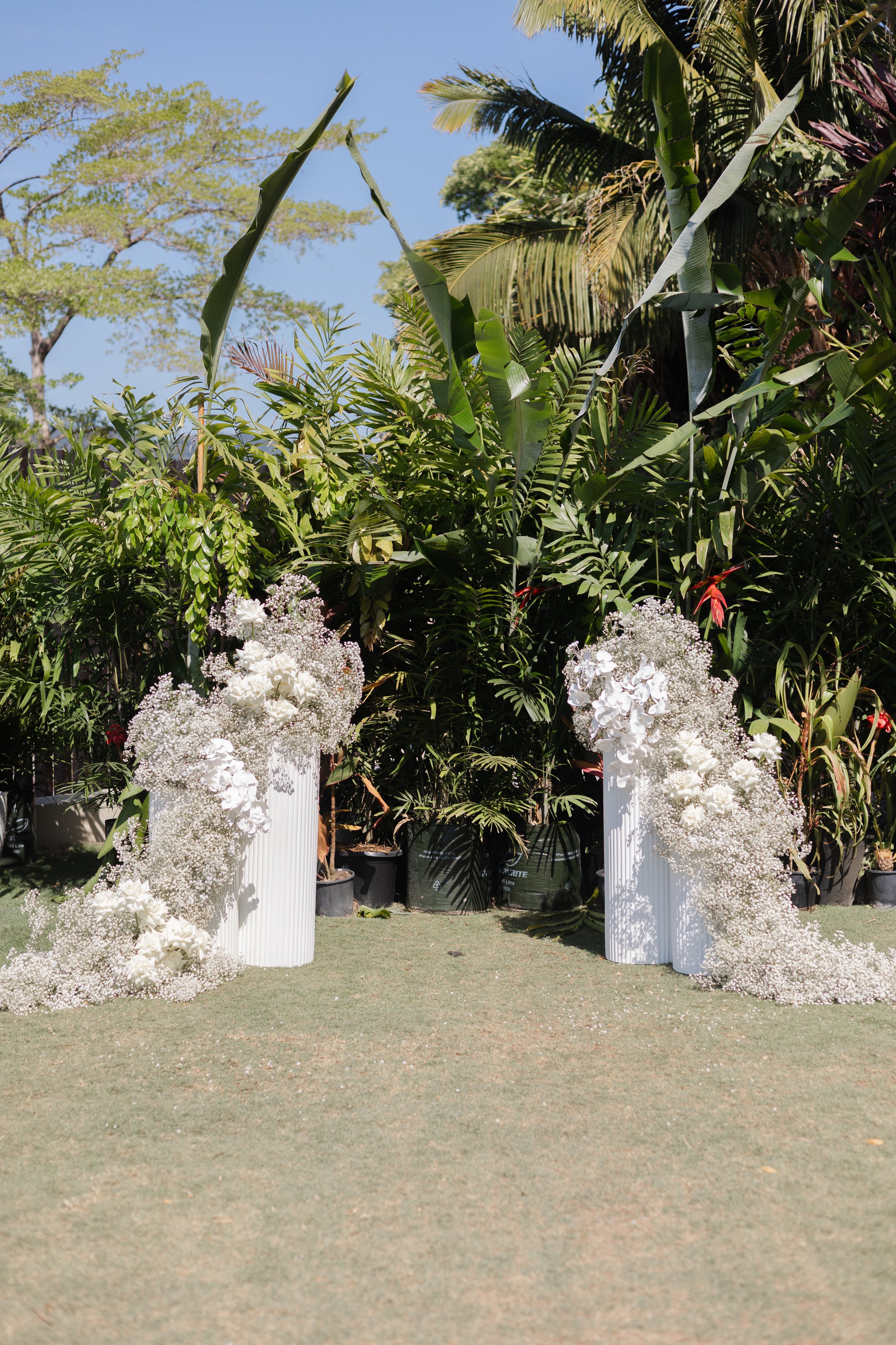 A decorated wedding backdrop with white flower arrangements on tall white pillars, set outdoors against lush green tropical plants and trees under a clear blue sky.