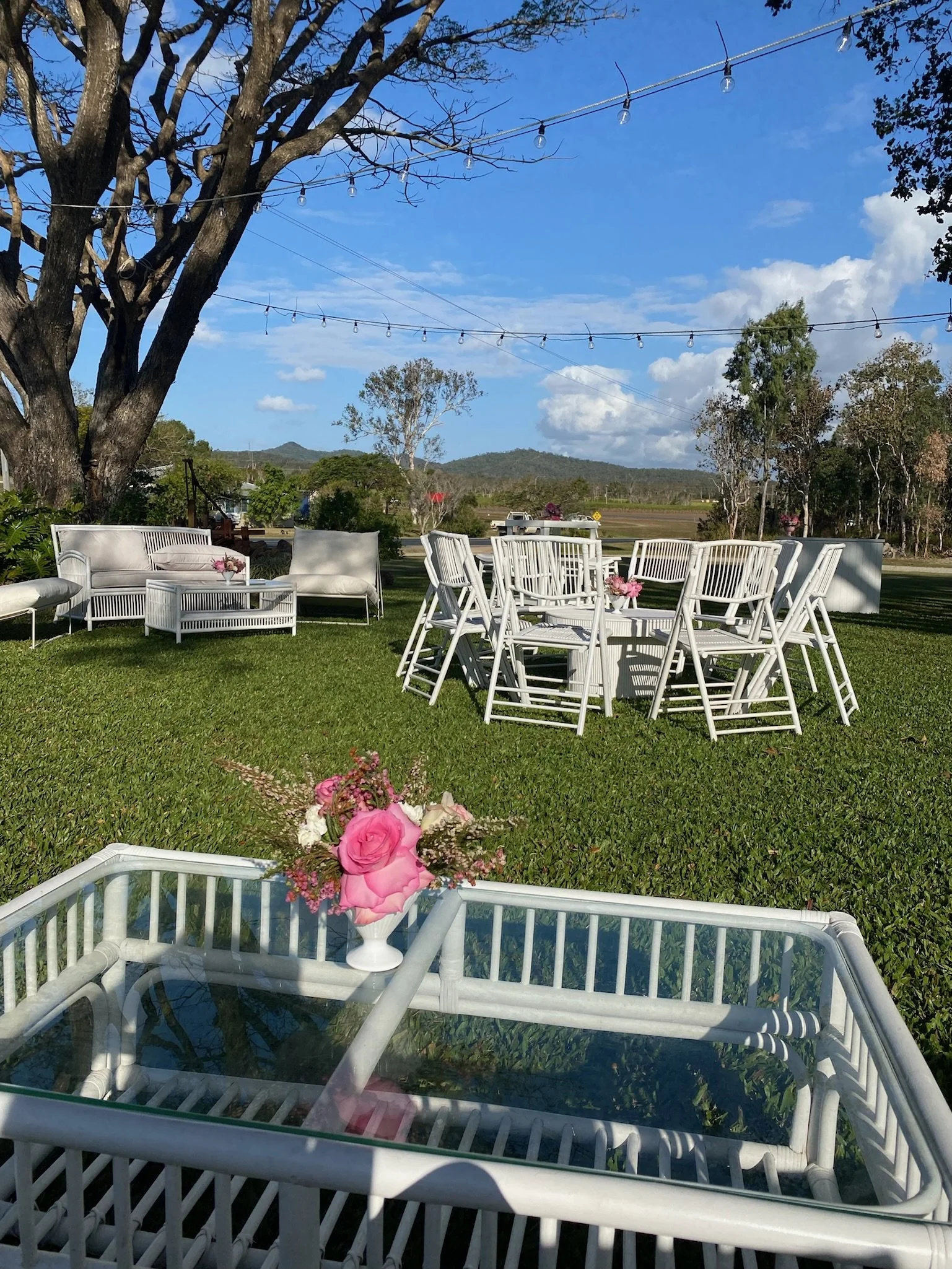 Outdoor garden scene with white furniture, pink flowers, string lights, and a large tree against a backdrop of blue sky and mountains.