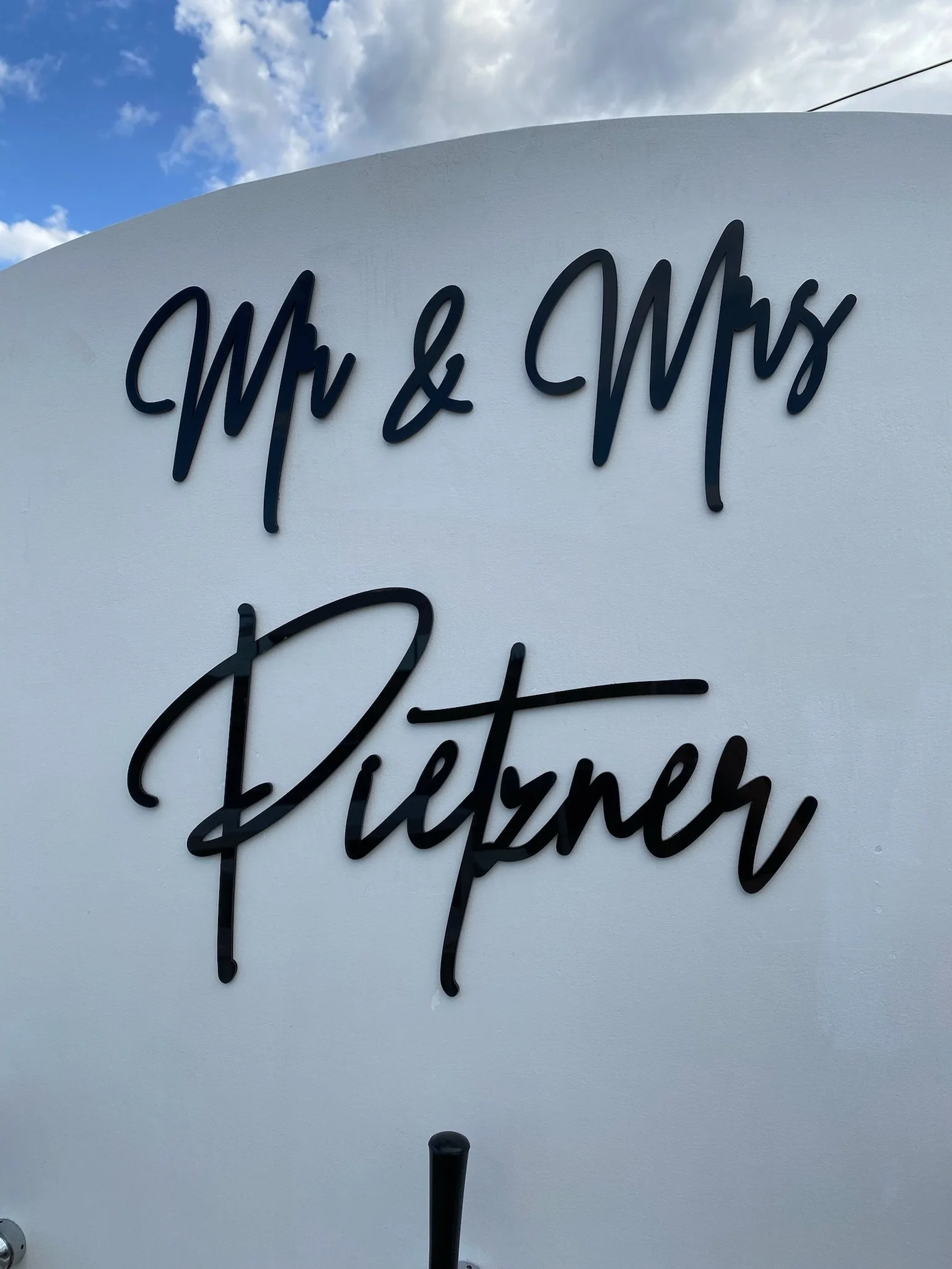 Sign reading "Ww & Wws Pizzeria" in black script on a white background with a partly cloudy sky above.