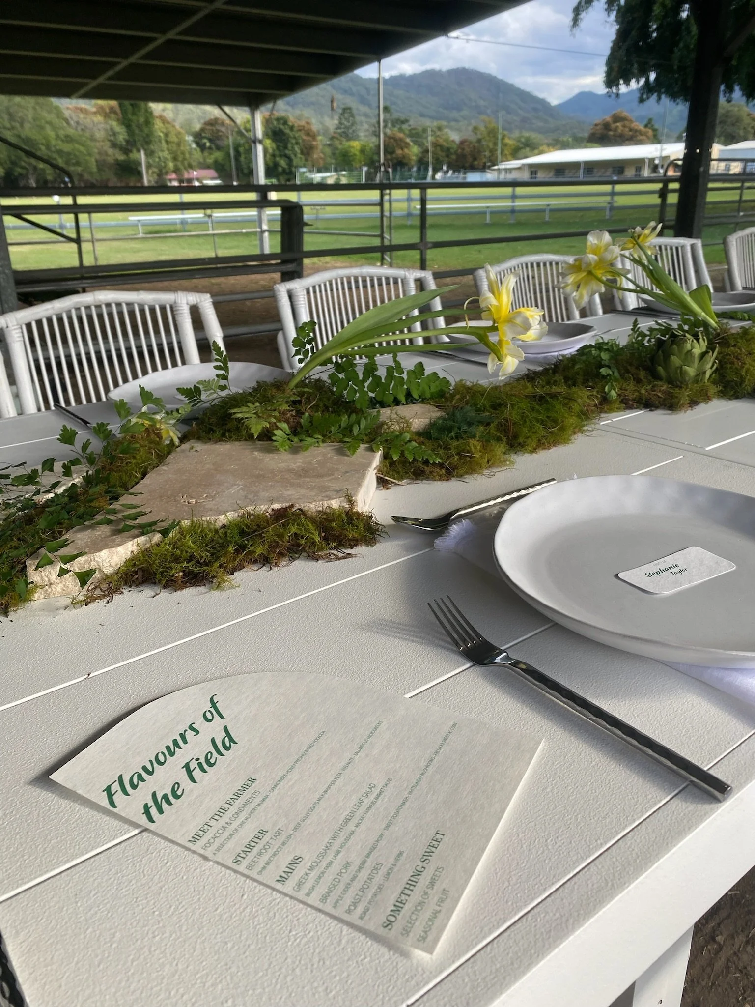 Table setting with white plates and utensils, decorative moss and flowers, surrounded by outdoor landscape with mountains and green fields.