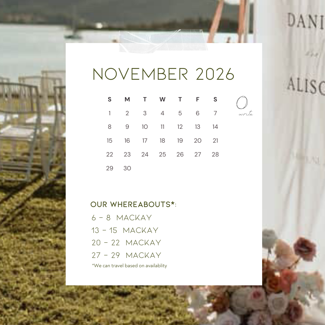 Calendar for November 2026 with events in Mackay, Australia, overlaid on a blurred outdoor scene featuring wooden chairs and a large floral arrangement.