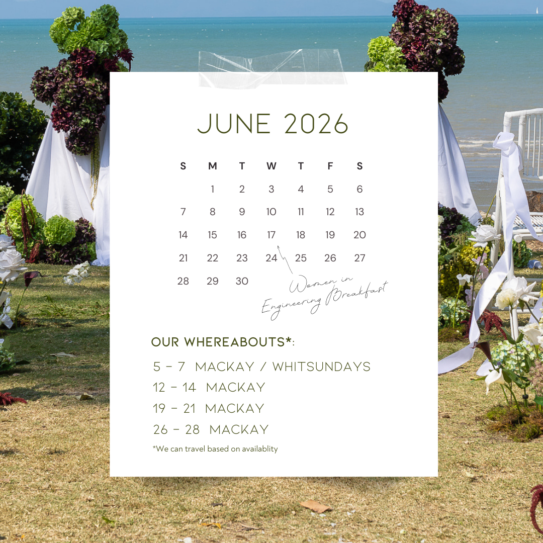 A calendar for June 2026 overlaying an outdoor wedding setup by the beach, with floral arrangements, white drapes, and ocean in the background.