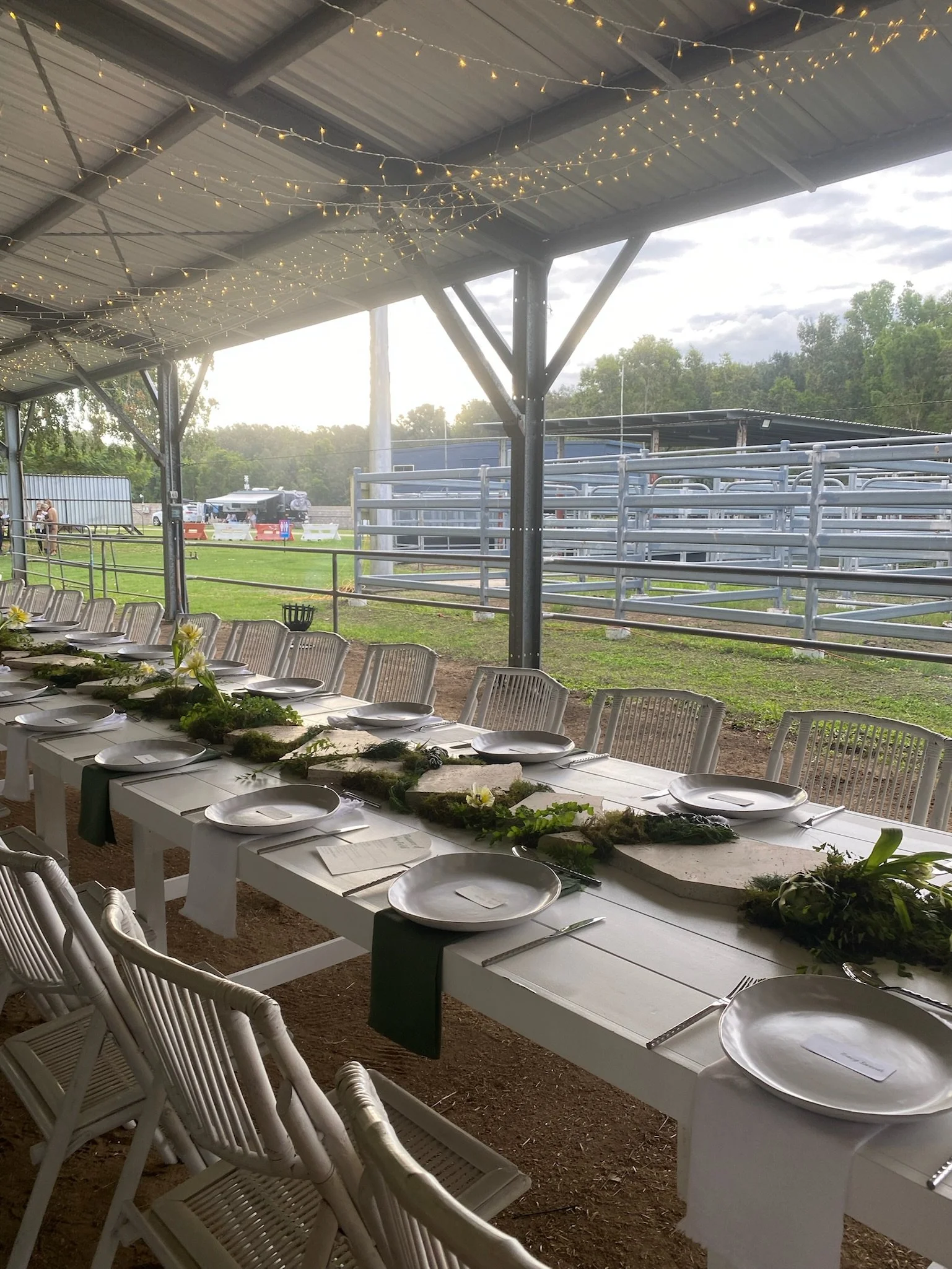 Decorated outdoor event seating with a long table set for a meal under a metal pavilion with string lights, overlooking a grassy area and metal fencing, possibly at a farm or ranch.