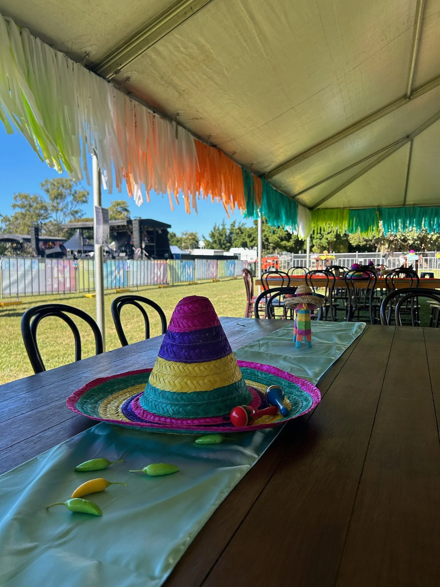Decorated outdoor tent with colorful paper fringe, a wooden table with separate teal and pink table runners, and a sombrero with colorful stripes and toy maracas on top. Peppers are scattered across the table runner, and the event is set up for a cel