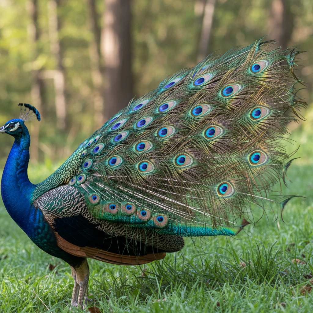 Close-up of a peacock feather still attached to the peacock, showing vibrant colors and detailed texture. The peacock is in its natural habitat, standing on green grass with softly blurred trees in the background. .png