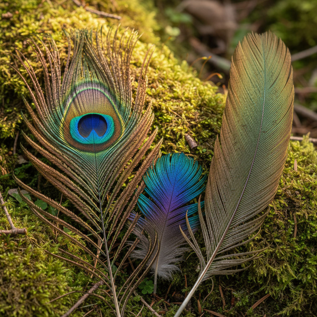 Three different peacock feathers from distinct body regions_ one from the tail with vibrant eye patterns, one from the chest with soft iridescent texture, and one from the wing with subtle colorful details. Each fe.png