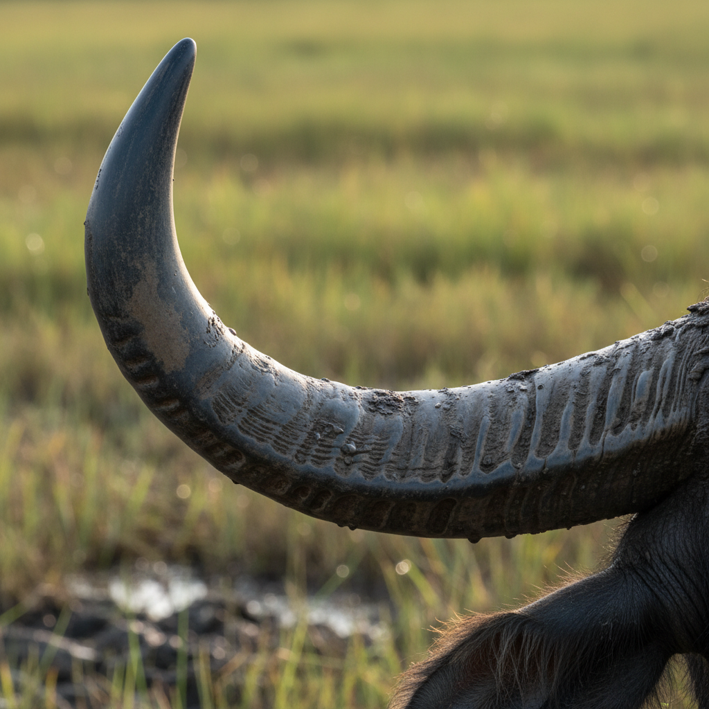 Close-up of a water buffalo horn in its natural habitat, detailed texture of the horn surface, soft daylight reflections, blurred natural background with grass and mud, realistic depth of field, ultra-realistic pho.png