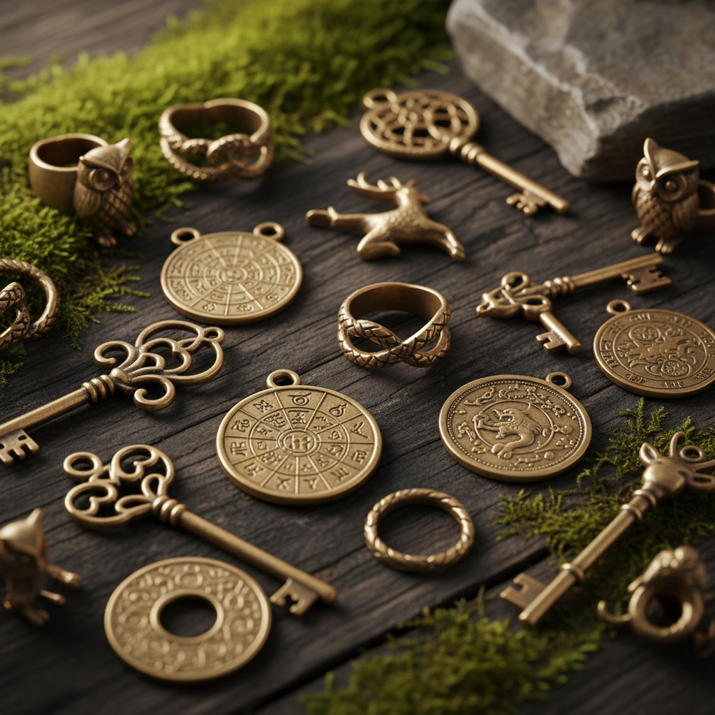 A collection of mystical brass objects, including small keys, amulets, rings, coins, and tiny figurines. Each object is vintage, showing warm brass tones, subtle patina, and detailed textures. The objects are arran.png