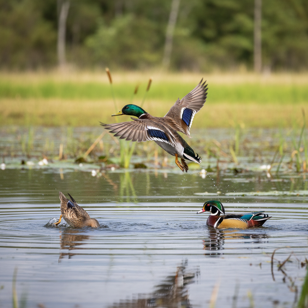 Three ducks in their natural habita. One duck flying above the water, one with it's head in the water, and one swimming. Each duck has distinct markings and feather colors. Highly realistic, wildlife photography. F.png