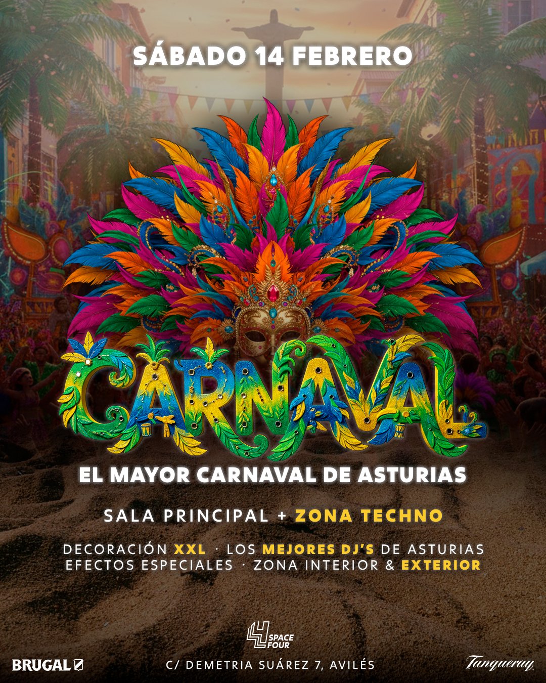 Cartel del Carnaval de Asturias con una imagen de una máscara colorida y plumas en el centro, fondo de calle con árboles y decoraciones festivas, texto que indica la fecha, lugar y detalles del evento.