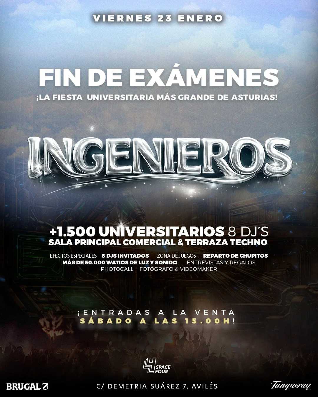 Cartel promocional de la fiesta universitaria INGENIEROS en Asturias, con información sobre fecha, hora, lugar, artistas y actividades.