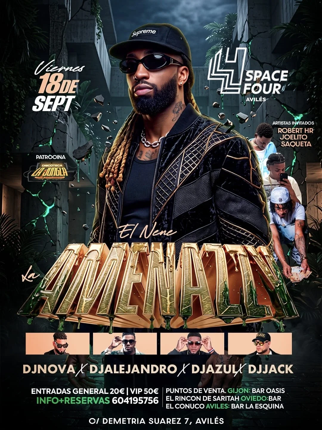 Publicidad de un evento musical llamado 'La AdventaLI', que se lleva a cabo el viernes 18 de septiembre en Space Four, Avilés. Incluye una imagen de un hombre con gafas oscuras, gorra y chaqueta, junto a otros tres músicos o artistas invitados: Rober