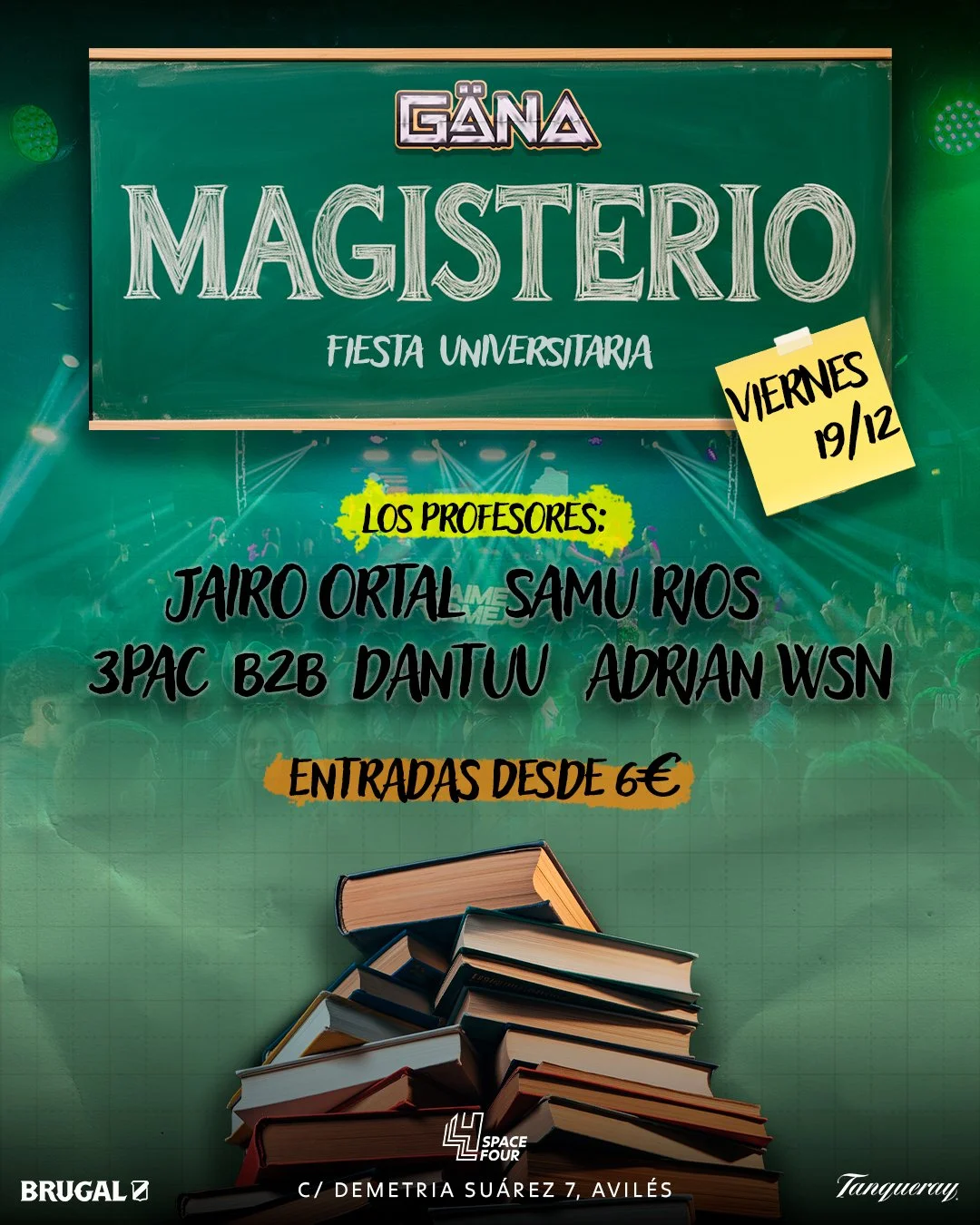 Cartel de evento universitario con fondo de auditorio, libros apilados en primer plano, y letras que anuncian la fiesta de magisterio, profesores participantes, fecha viernes 19 de diciembre, y entradas desde 6 euros.