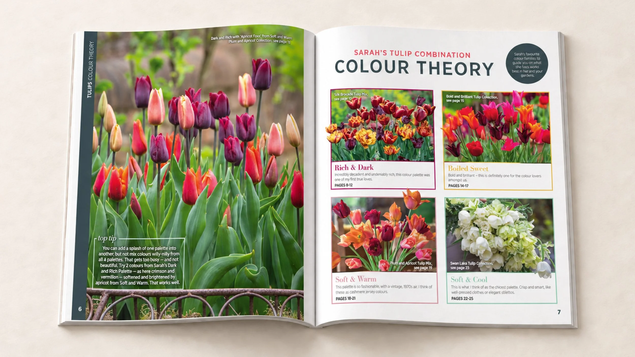 Autumn catalogue spread presenting Sarah’s tulip colour combinations through clear layouts and colour-coded details. Photography © Jonathan Buckley
