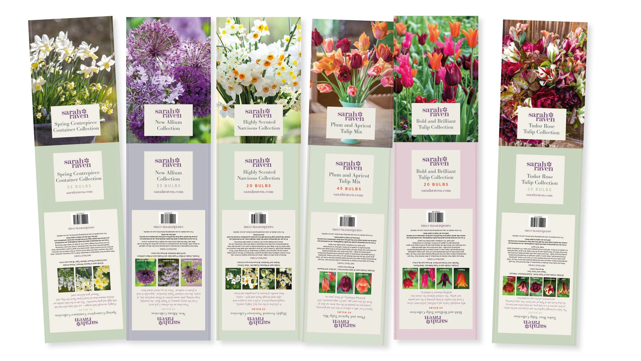'Belly band' packaging design for bulb collections, combining seasonal colour, product photography and practical planting instructions. Photography © Jonathan Buckley