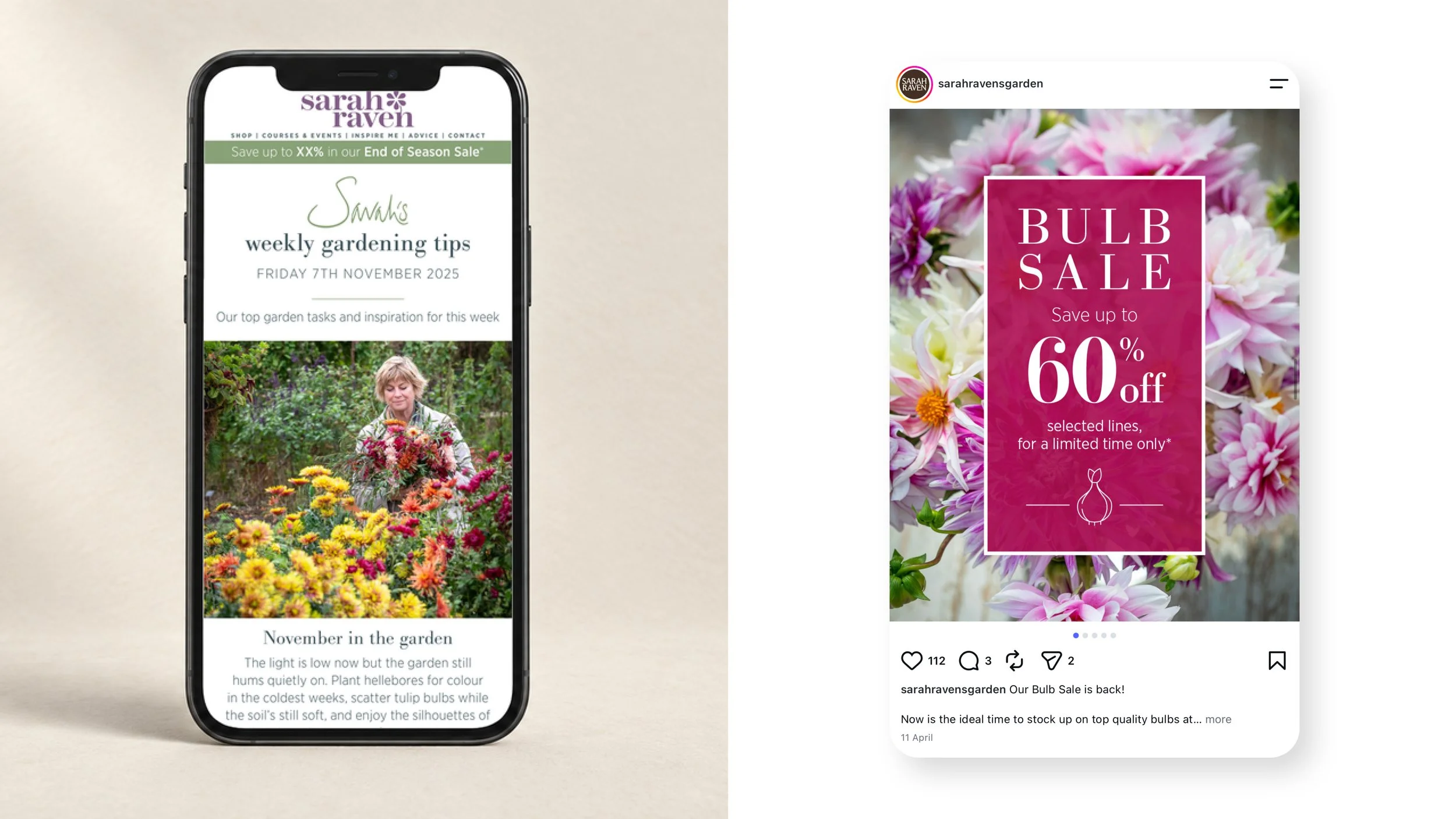 Email and social media design for gardening content and seasonal promotions, carrying the Sarah Raven style across digital channels.