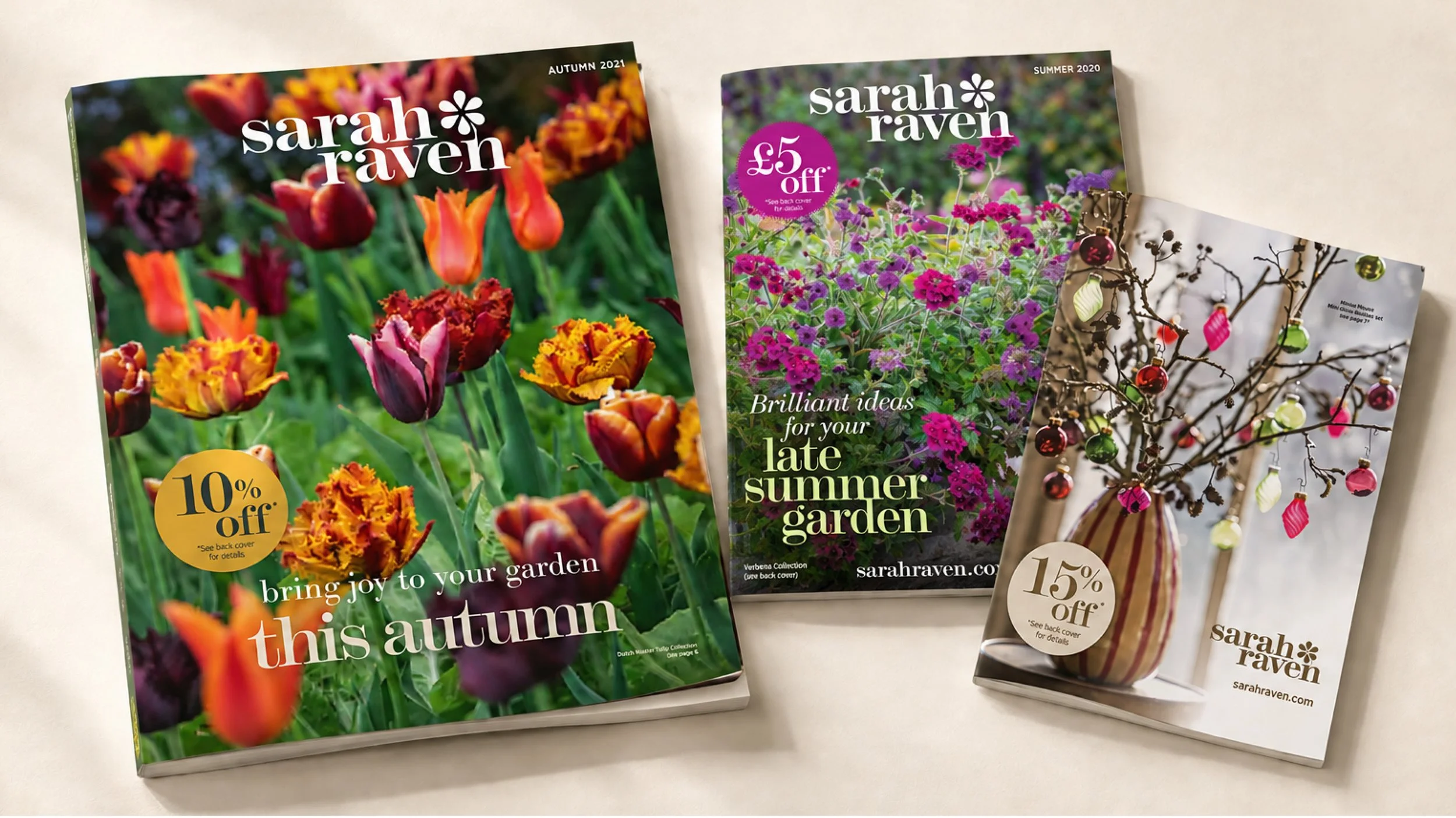 Seasonal catalogue cover designs for summer, autumn and Christmas, balancing distinctive imagery with typography and promotional messaging. Photography © Jonathan Buckley