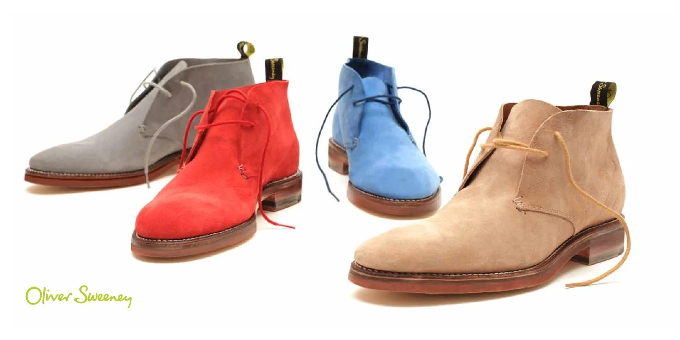 A clean, product-led layout showcasing the colour and texture of Oliver Sweeney’s suede boot collection.
